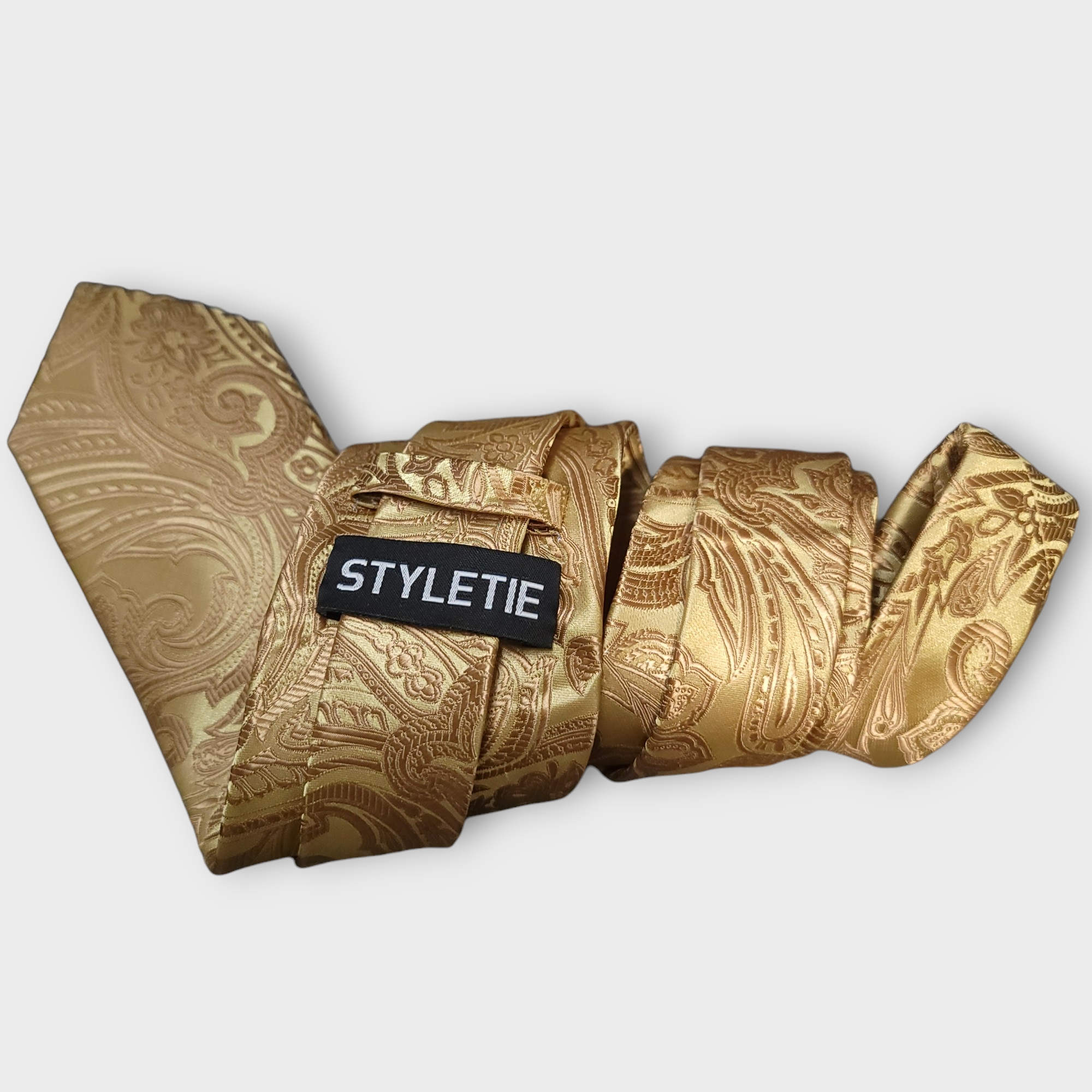 Gold Paisley Silk Tie Pocket Square Cufflink Set
