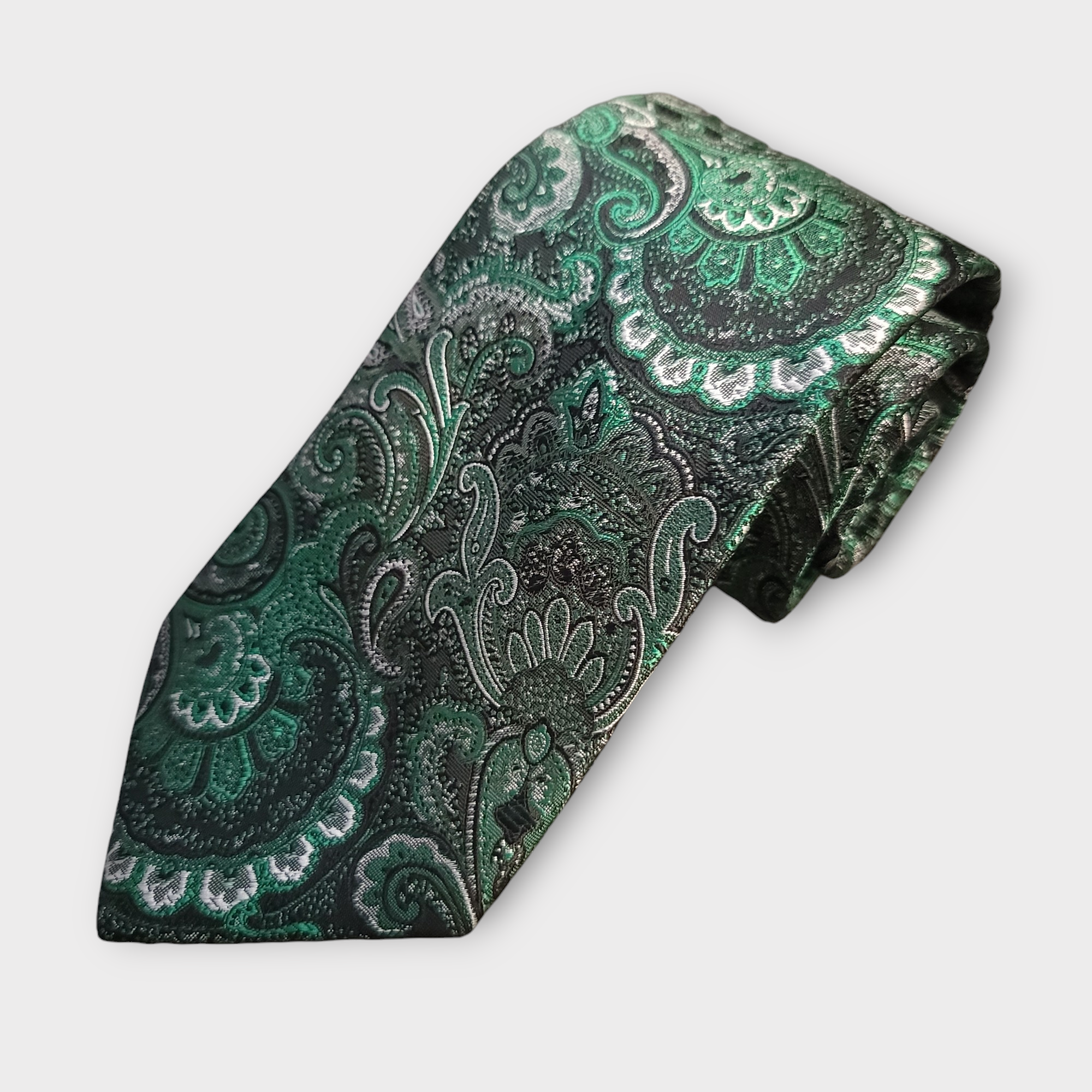 Green Silver Paisley Silk Tie Pocket Square Cufflink Set