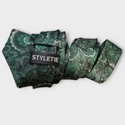 Green Silver Paisley Silk Tie Pocket Square Cufflink Set