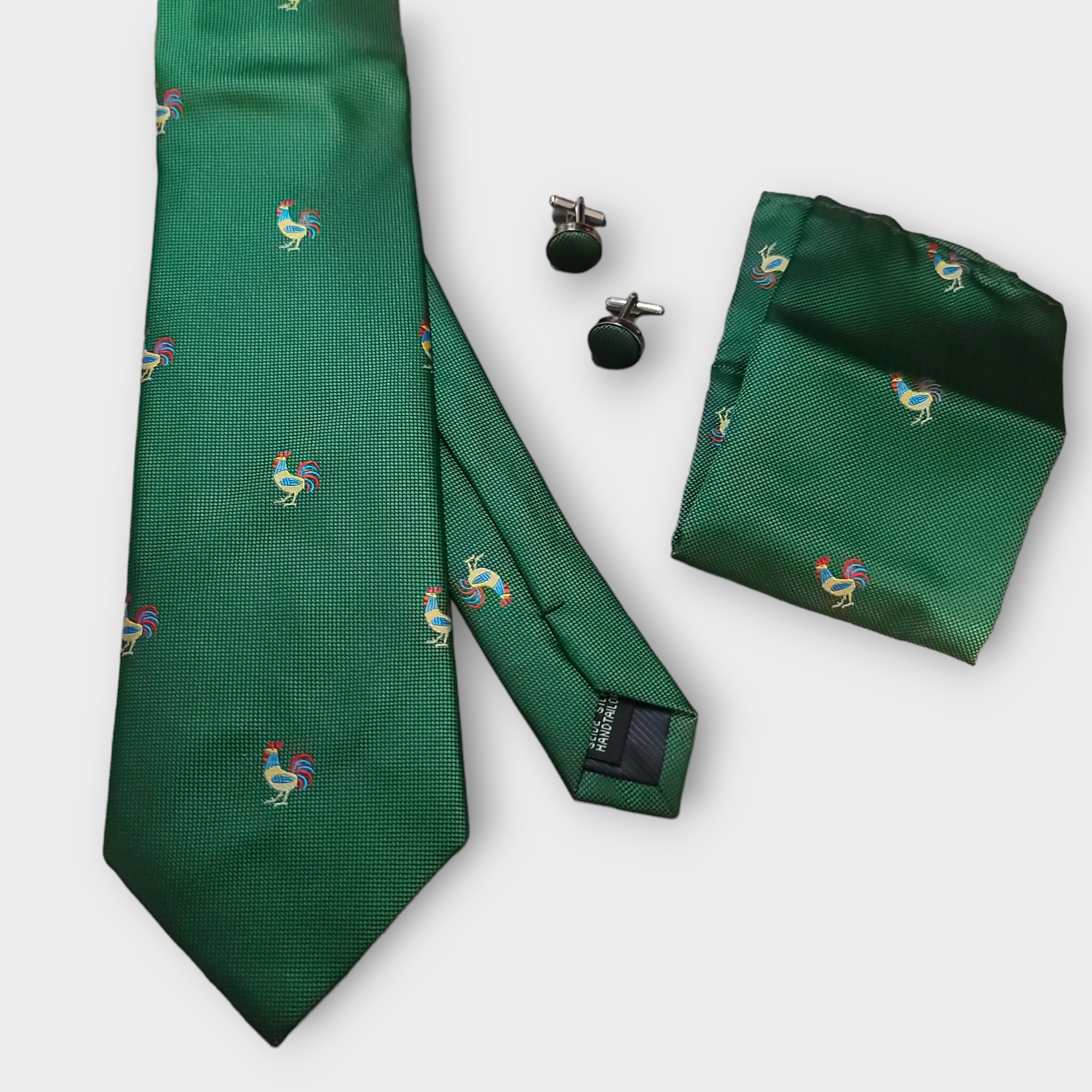 Rooster Green Silk Tie Pocket Square Cufflink Set