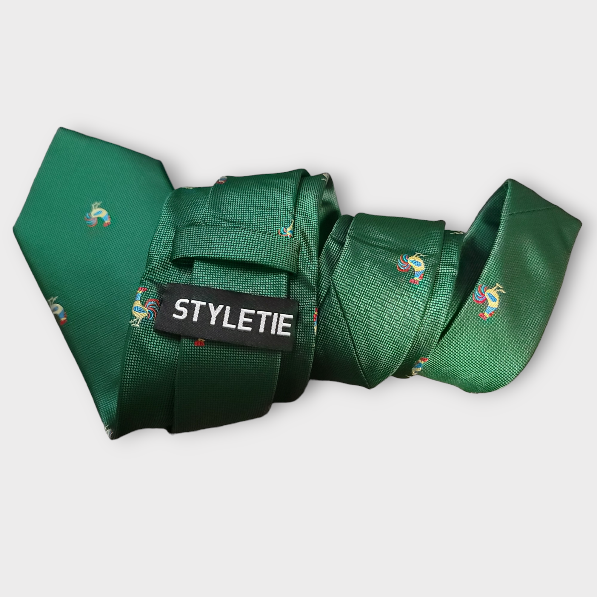 Rooster Green Silk Tie Pocket Square Cufflink Set
