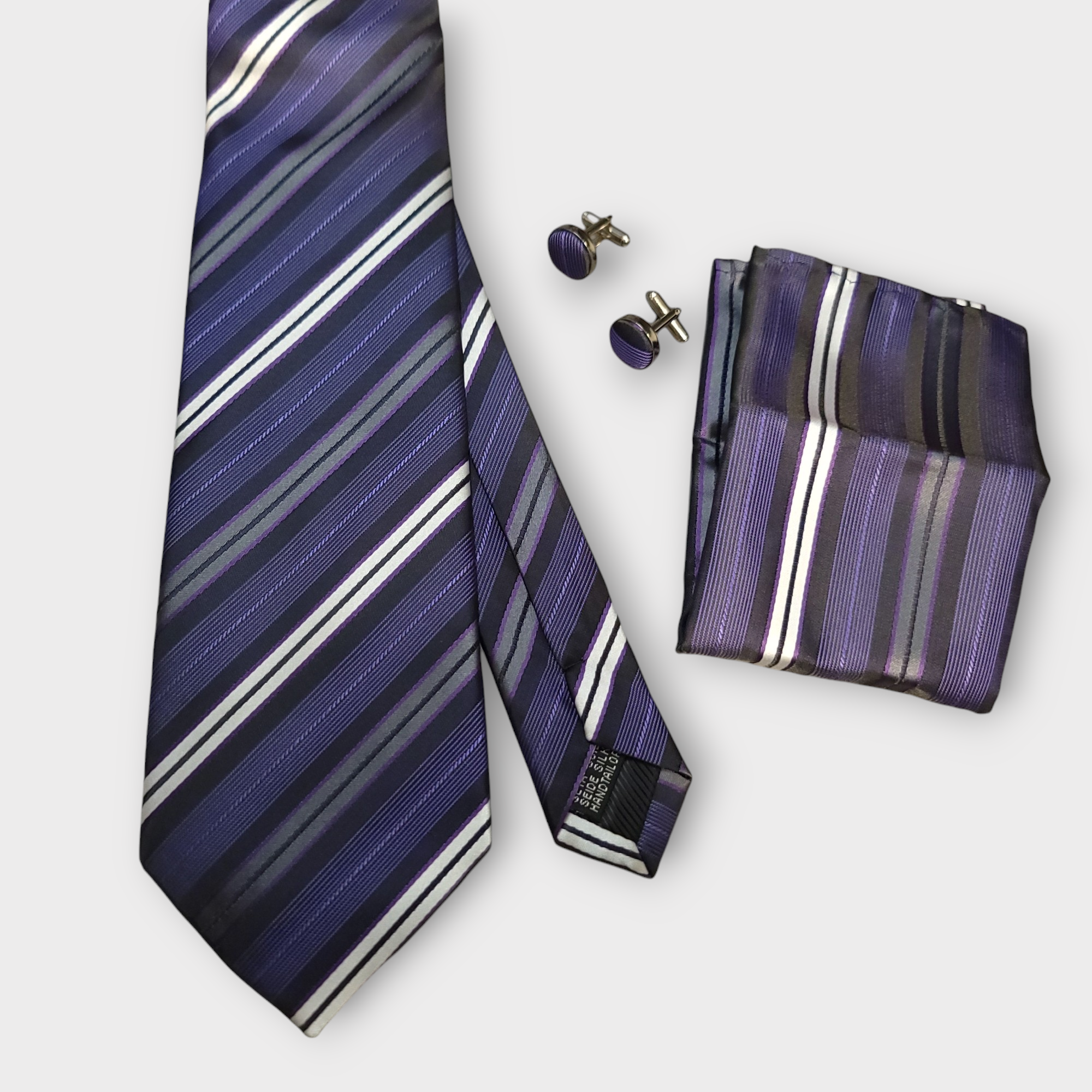 Purple White Stripe Silk Tie Pocket Square Cufflink Set