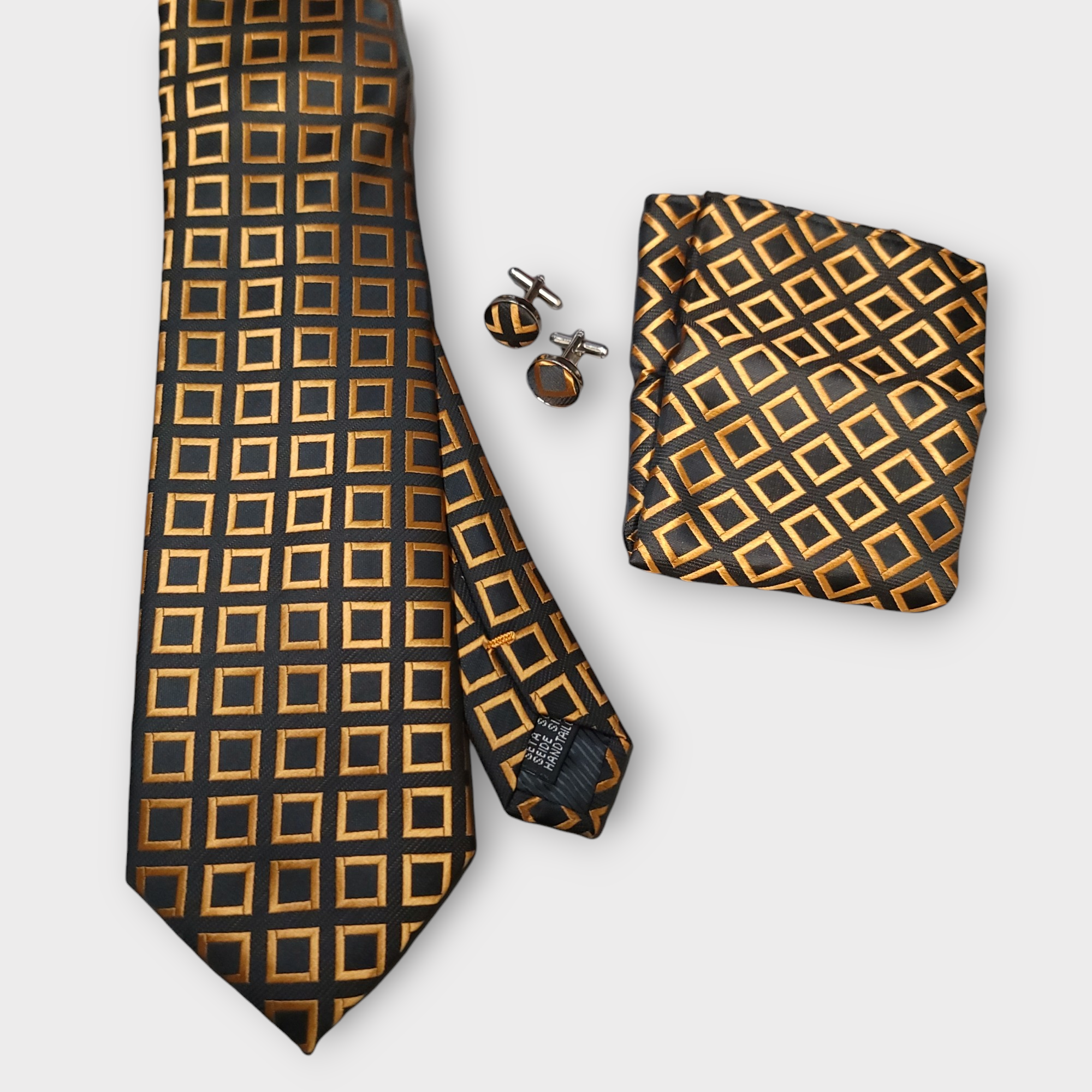 Gold Black Plaid Silk Tie Pocket Square Cufflink Set