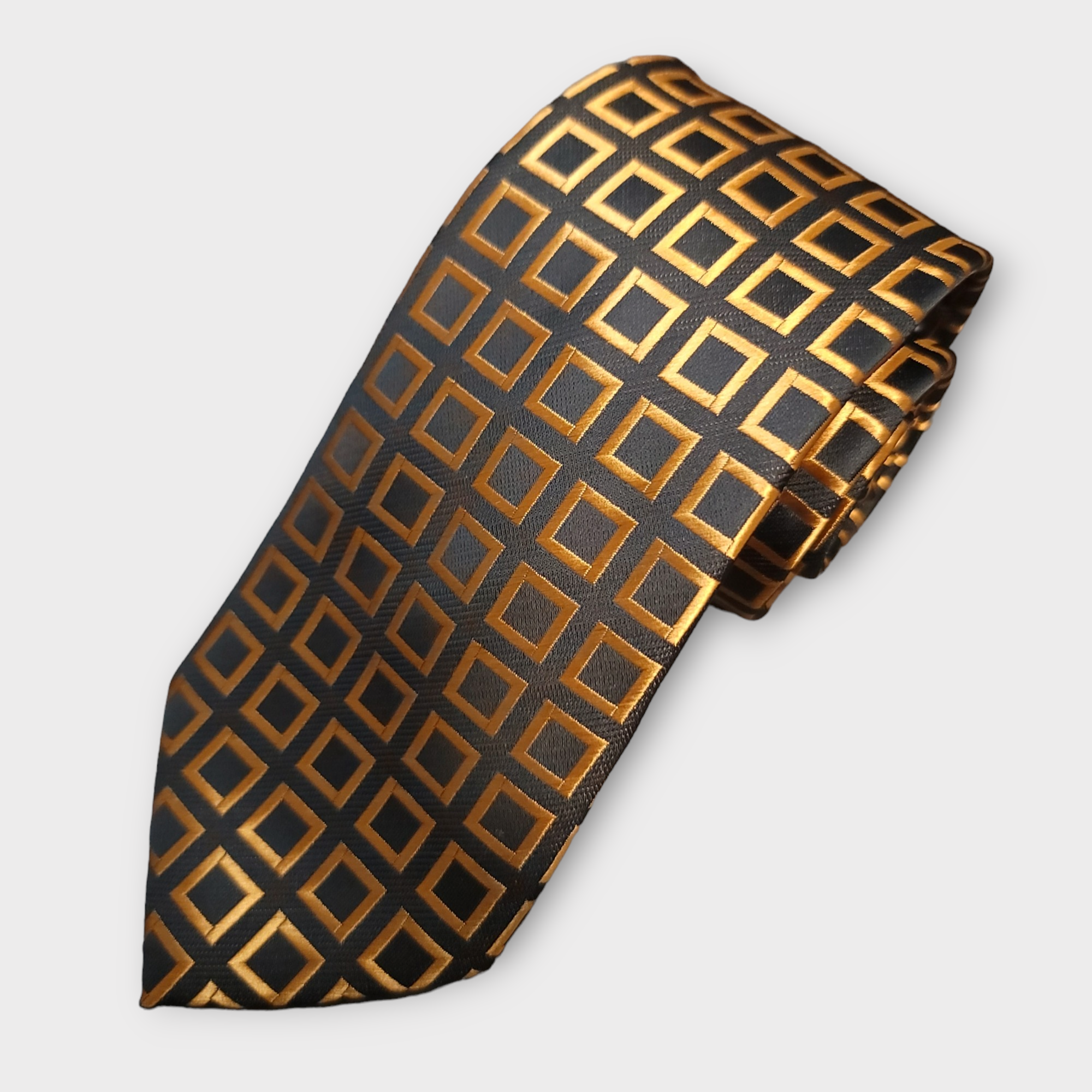 Gold Black Plaid Silk Tie Pocket Square Cufflink Set