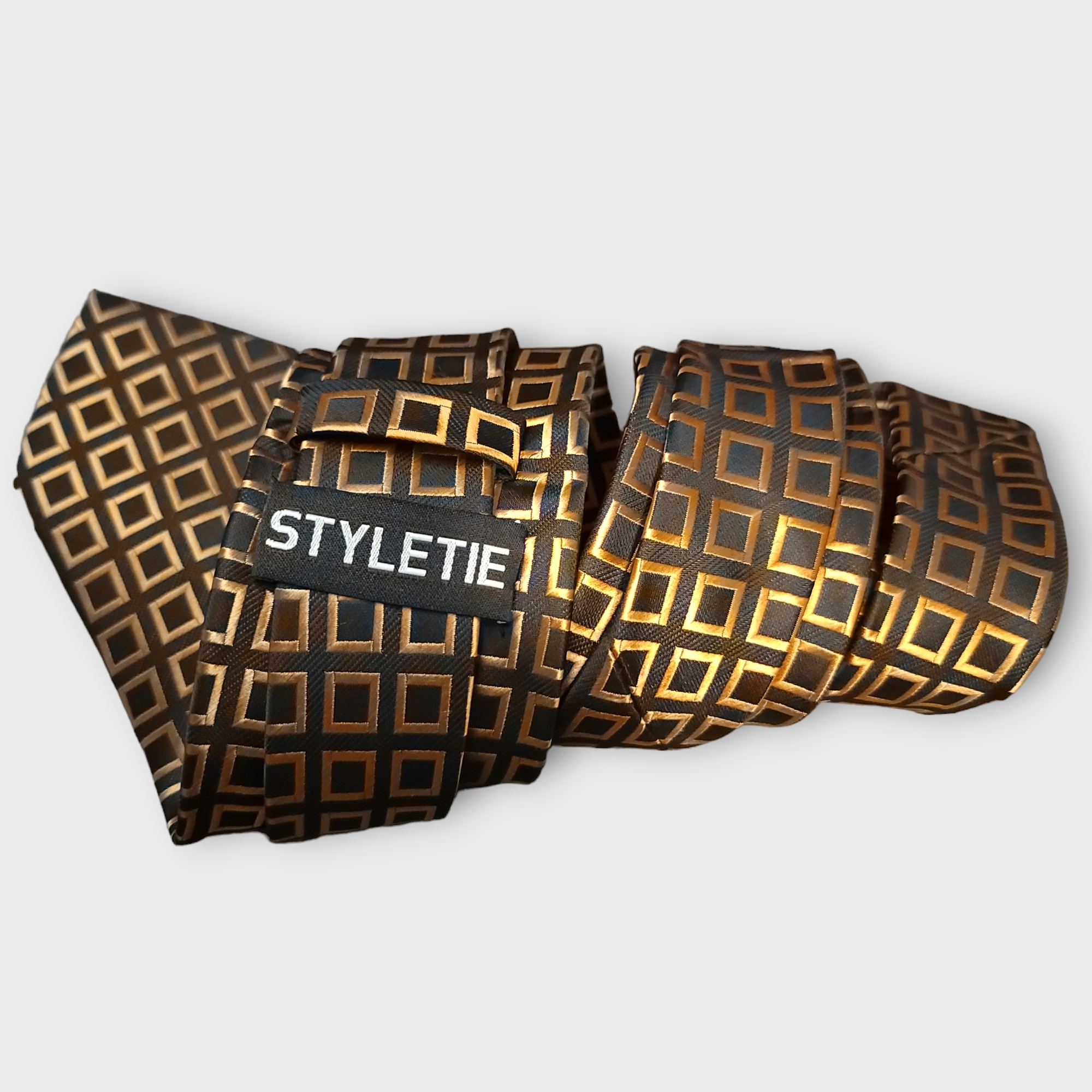 Gold Black Plaid Silk Tie Pocket Square Cufflink Set