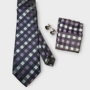 Black Purple Blue Plaid Silk Tie Pocket Square Cufflink Set