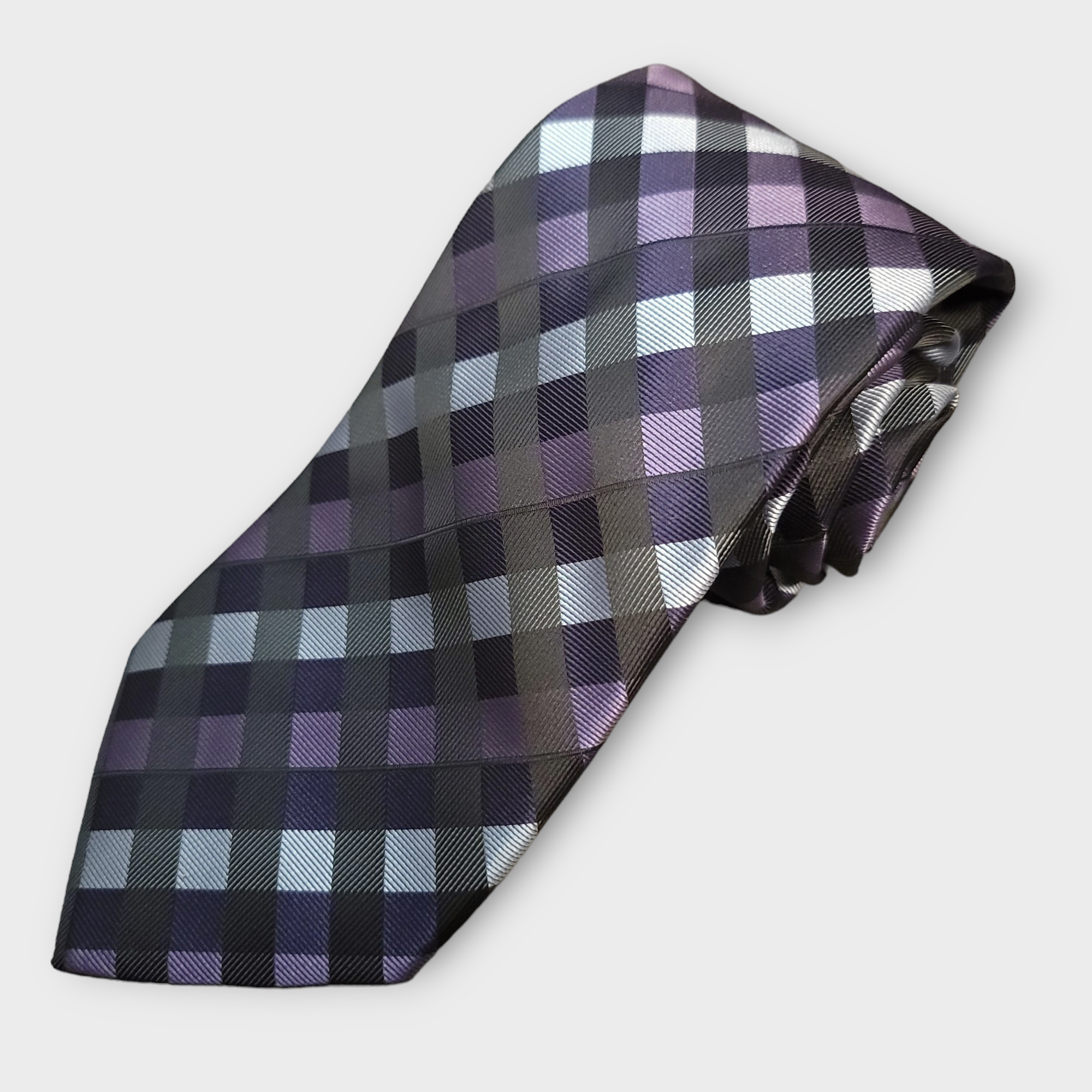 Black Purple Blue Plaid Silk Tie Pocket Square Cufflink Set