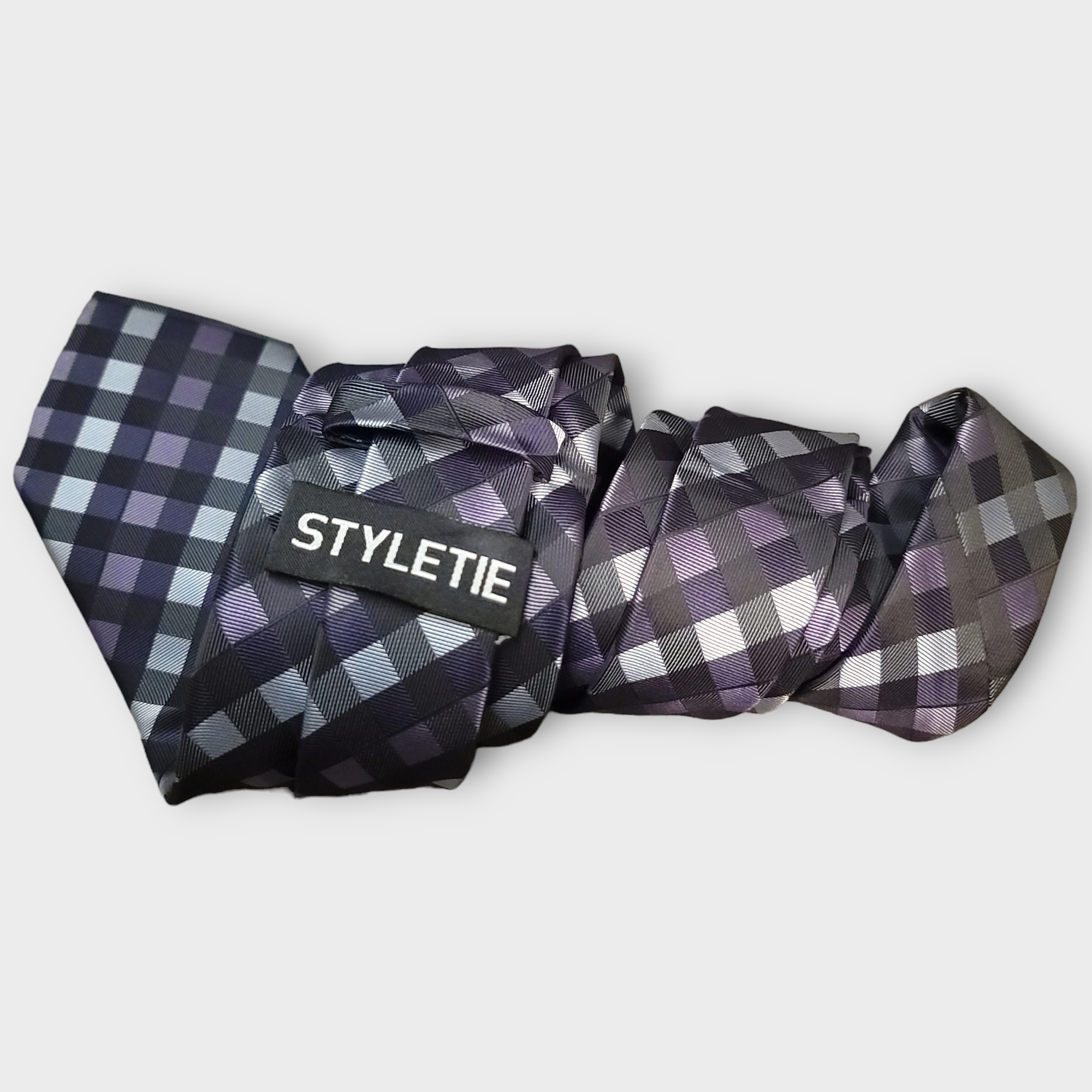 Black Purple Blue Plaid Silk Tie Pocket Square Cufflink Set