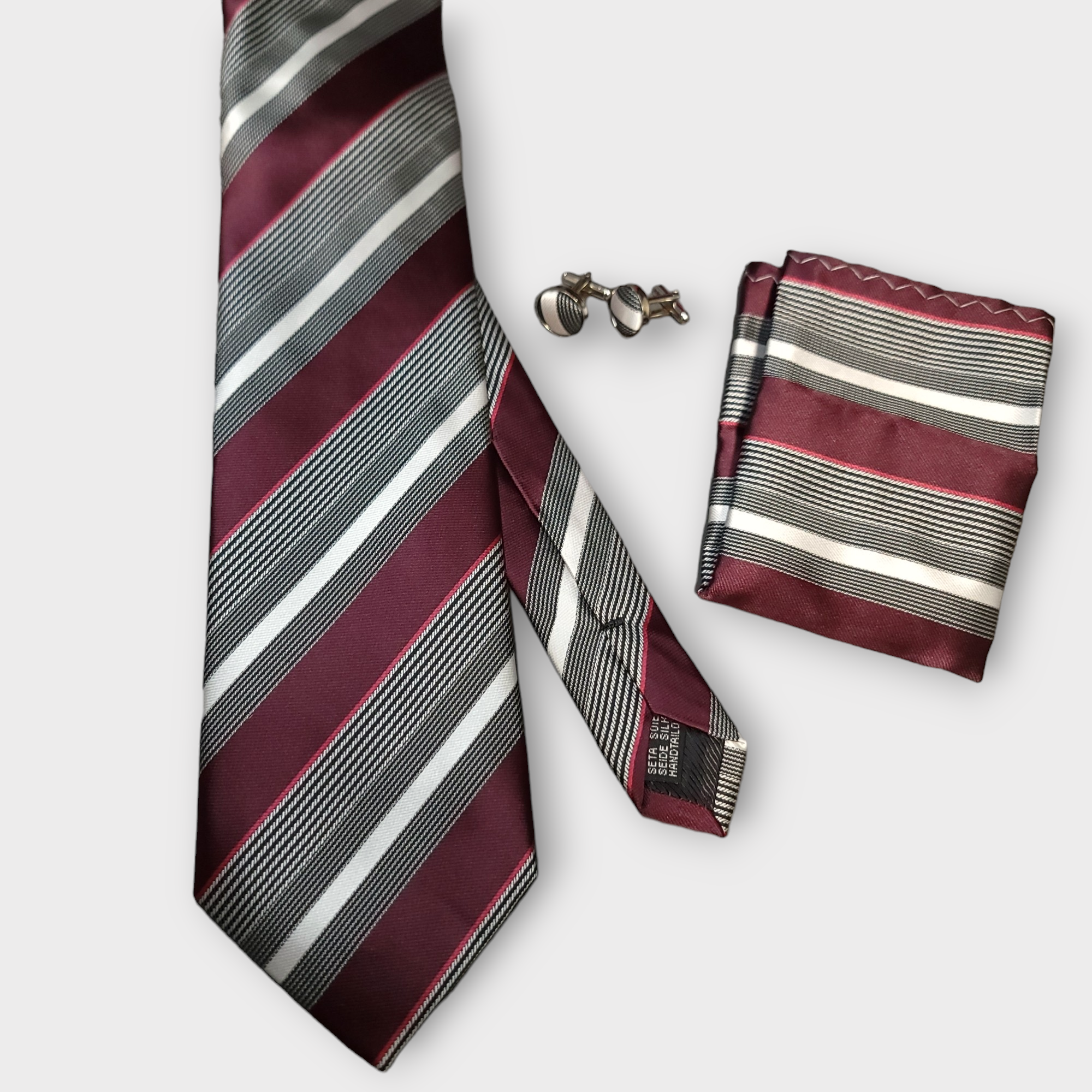 Striped Red Wine White Silk Tie Pocket Square Cufflinks Set