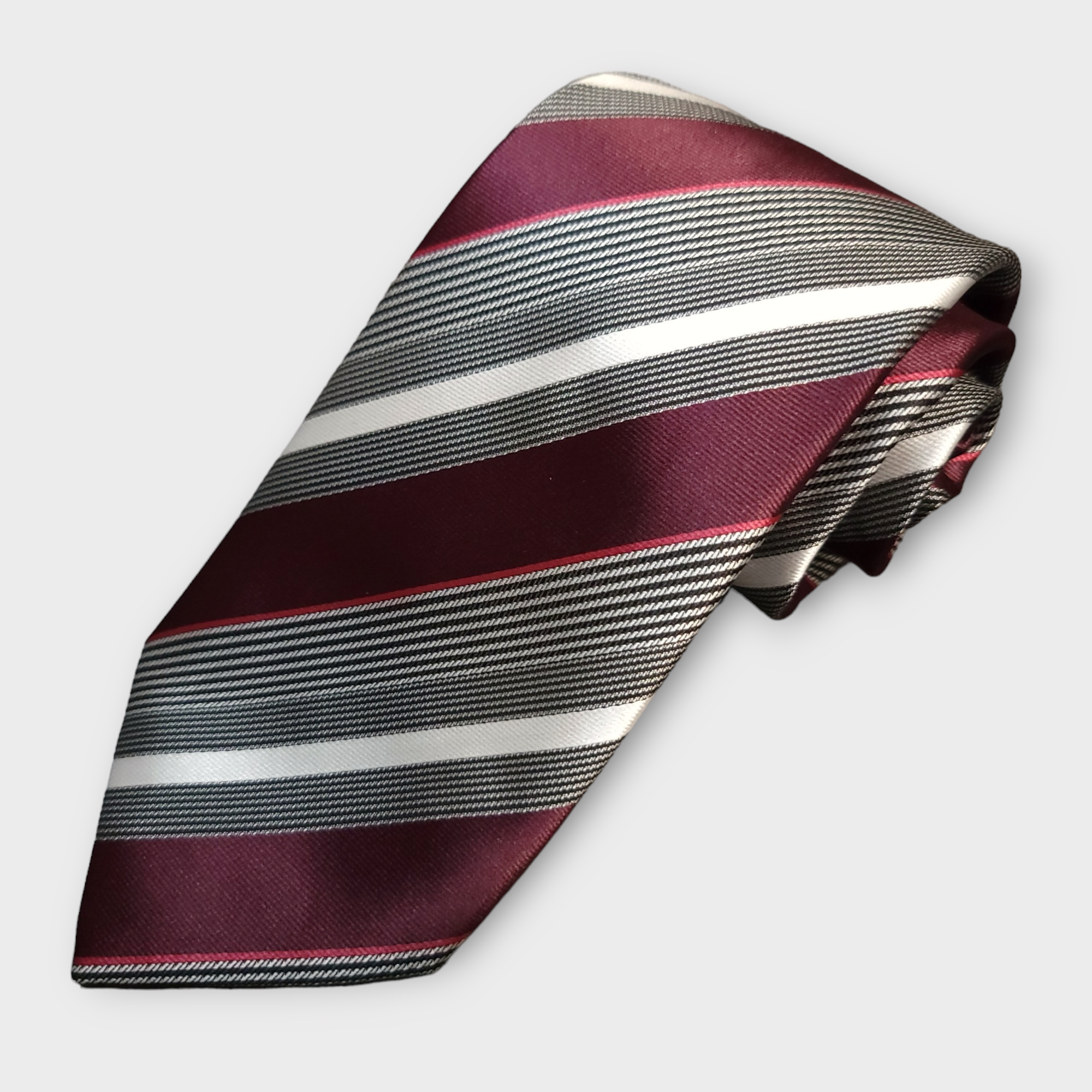 Striped Red Wine White Silk Tie Pocket Square Cufflinks Set