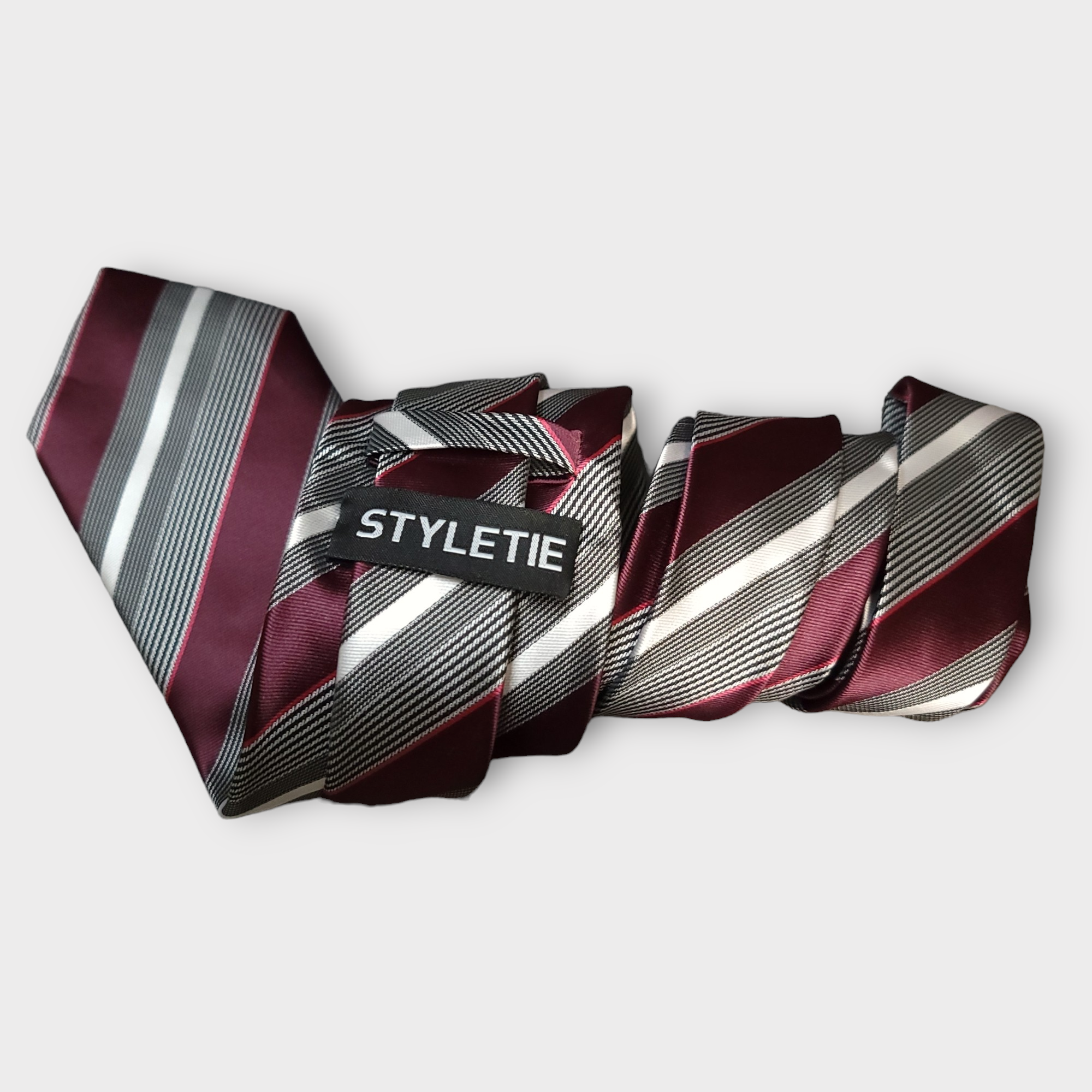 Striped Red Wine White Silk Tie Pocket Square Cufflinks Set