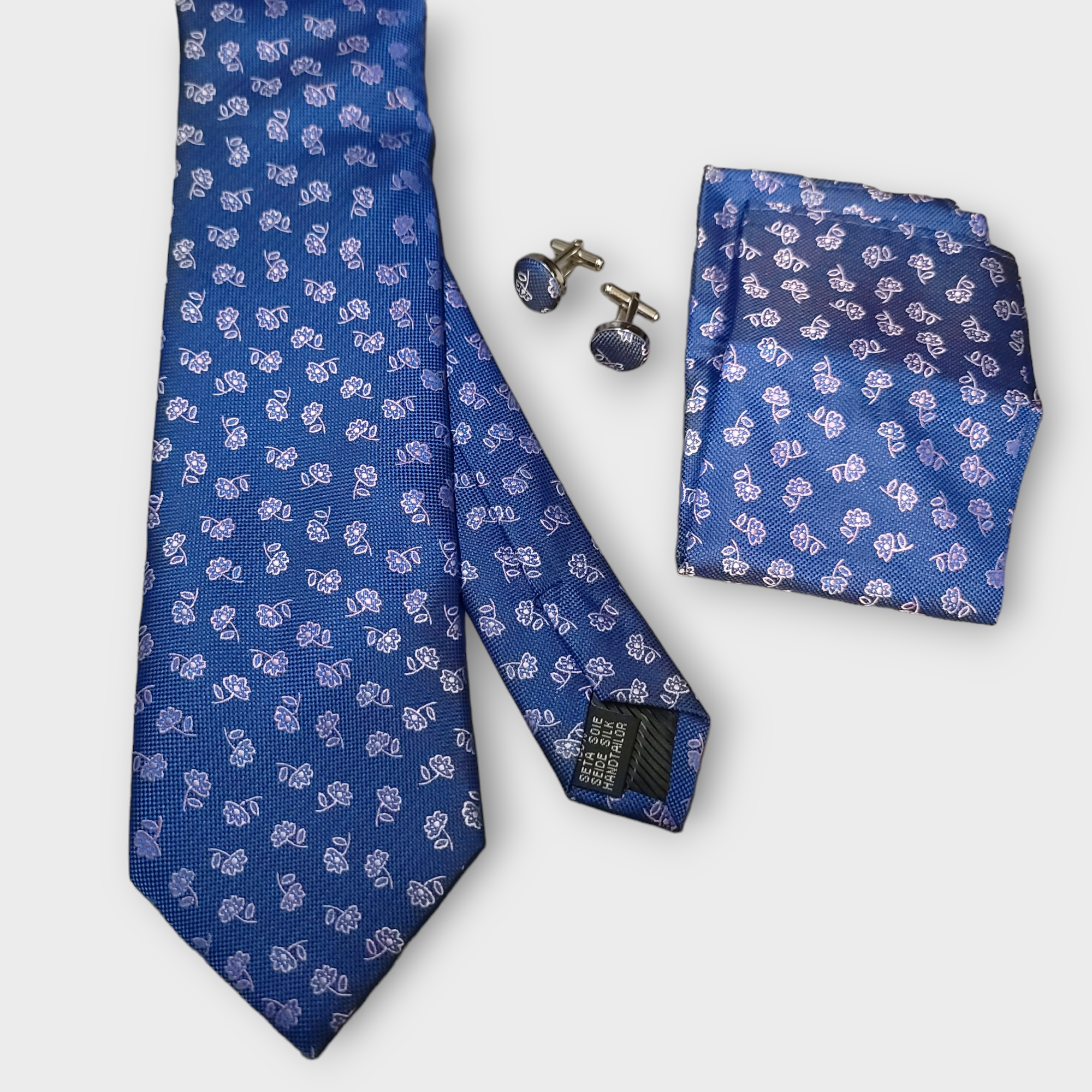 Blue Pink Floral Silk Tie Pocket Square Cufflink Set