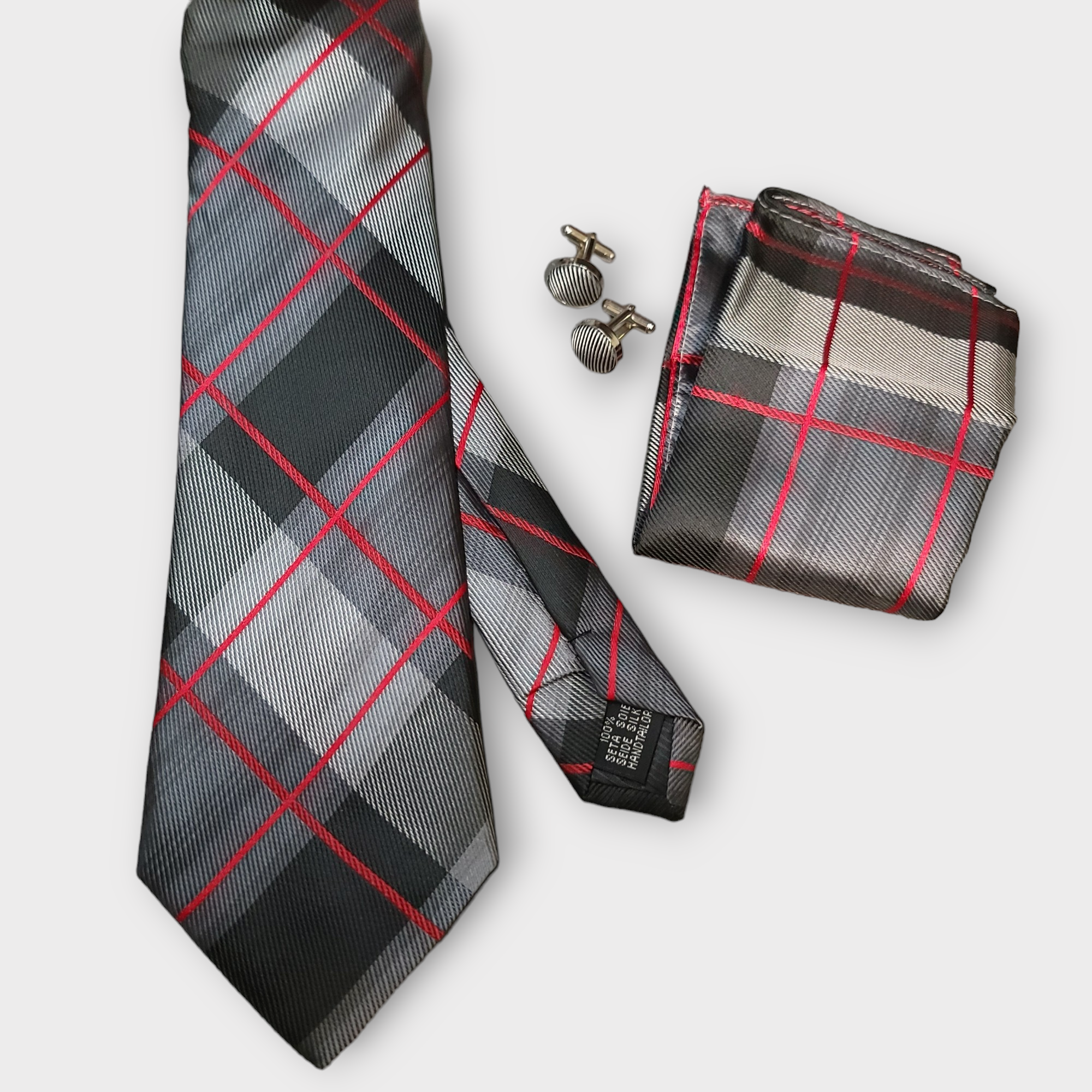 Extra Long Black Red Plaid Tie Pocket Square Cufflink Set