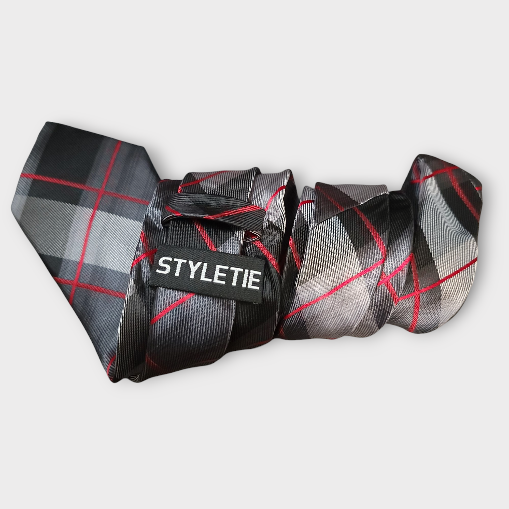 Extra Long Black Red Plaid Tie Pocket Square Cufflink Set