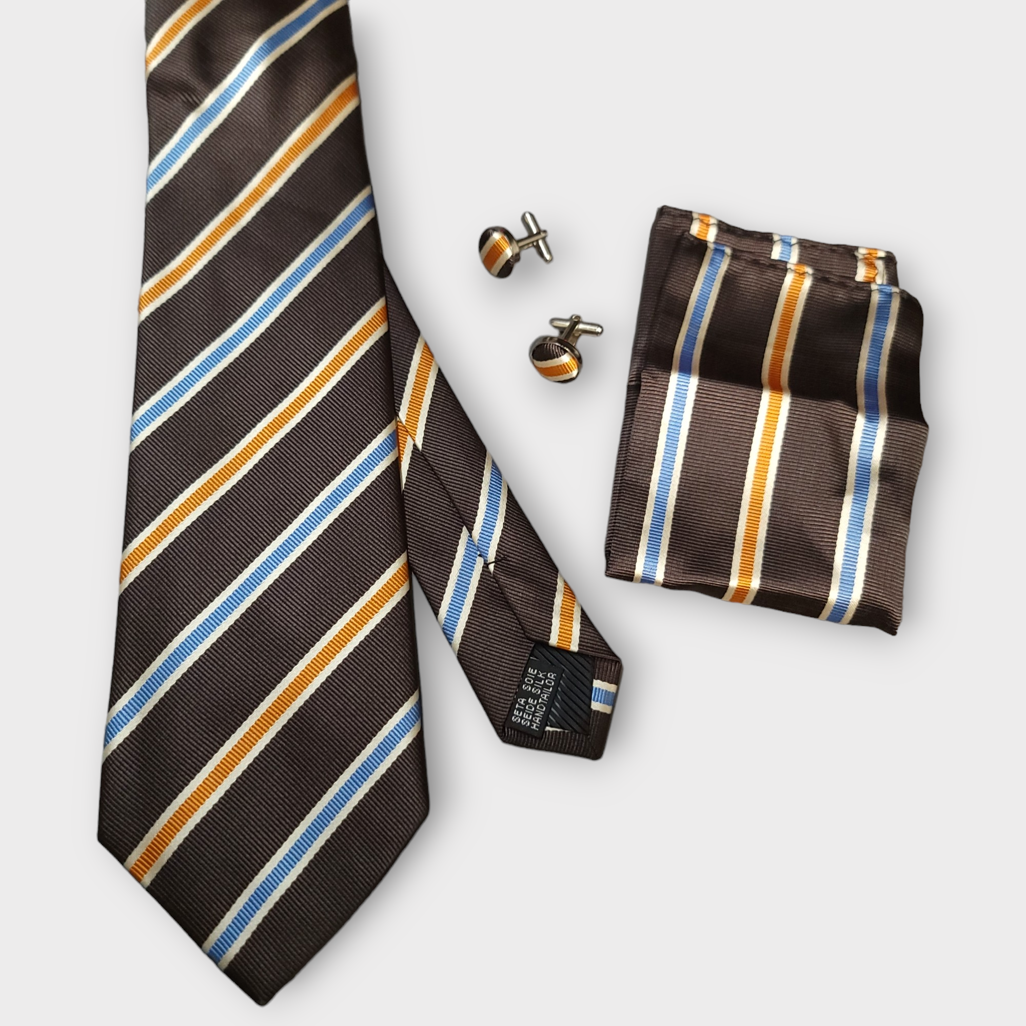 Brown Gold Striped Silk Tie Pocket Square Cufflink Set