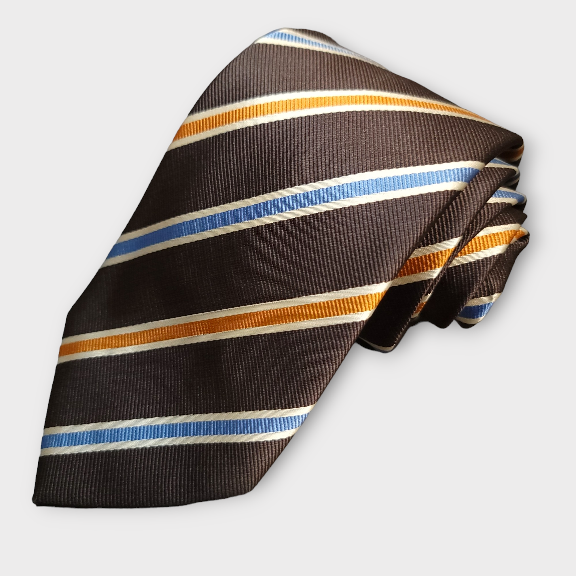 Brown Gold Striped Silk Tie Pocket Square Cufflink Set