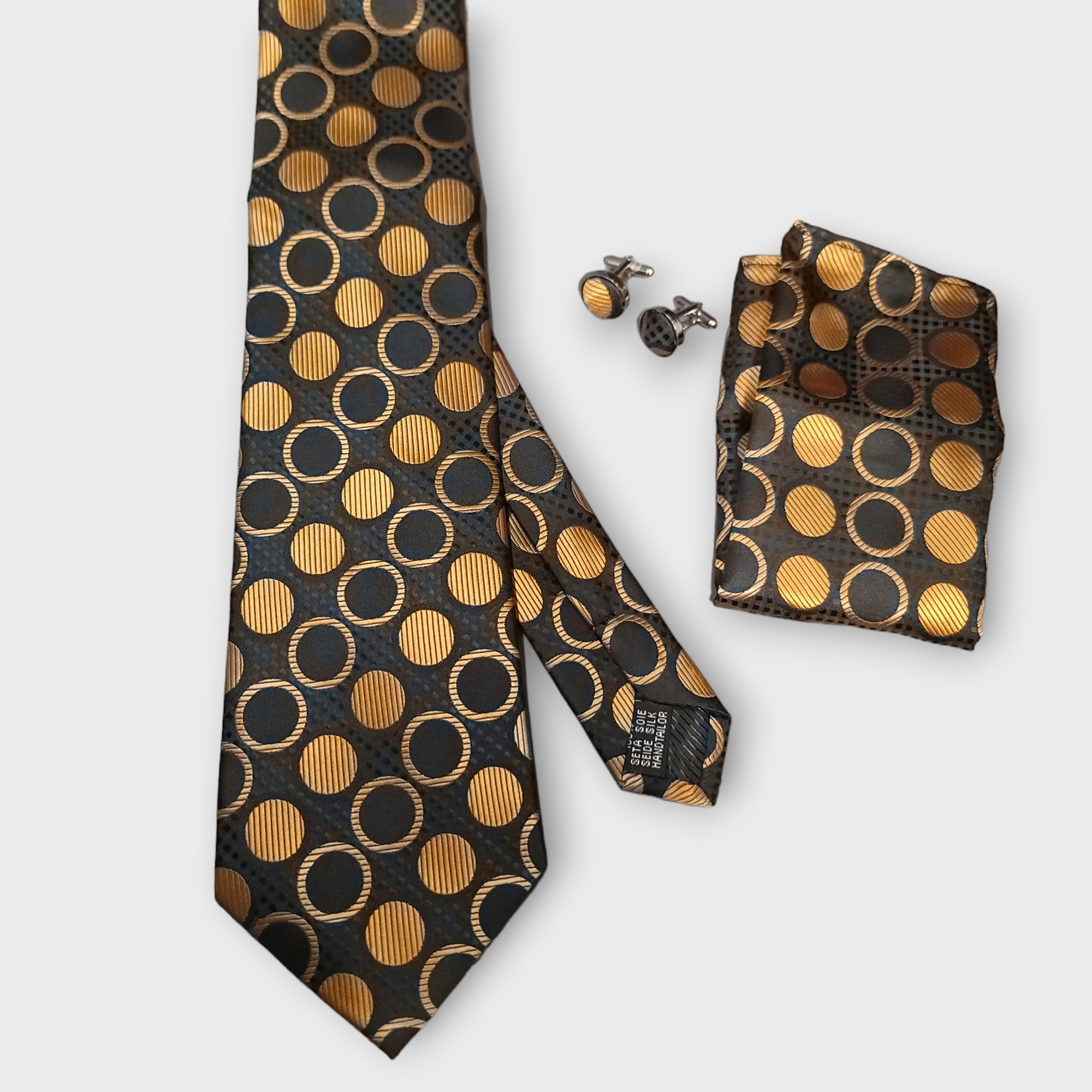 Black Gold Polka Dot Silk Tie Pocket Square Cufflink Set