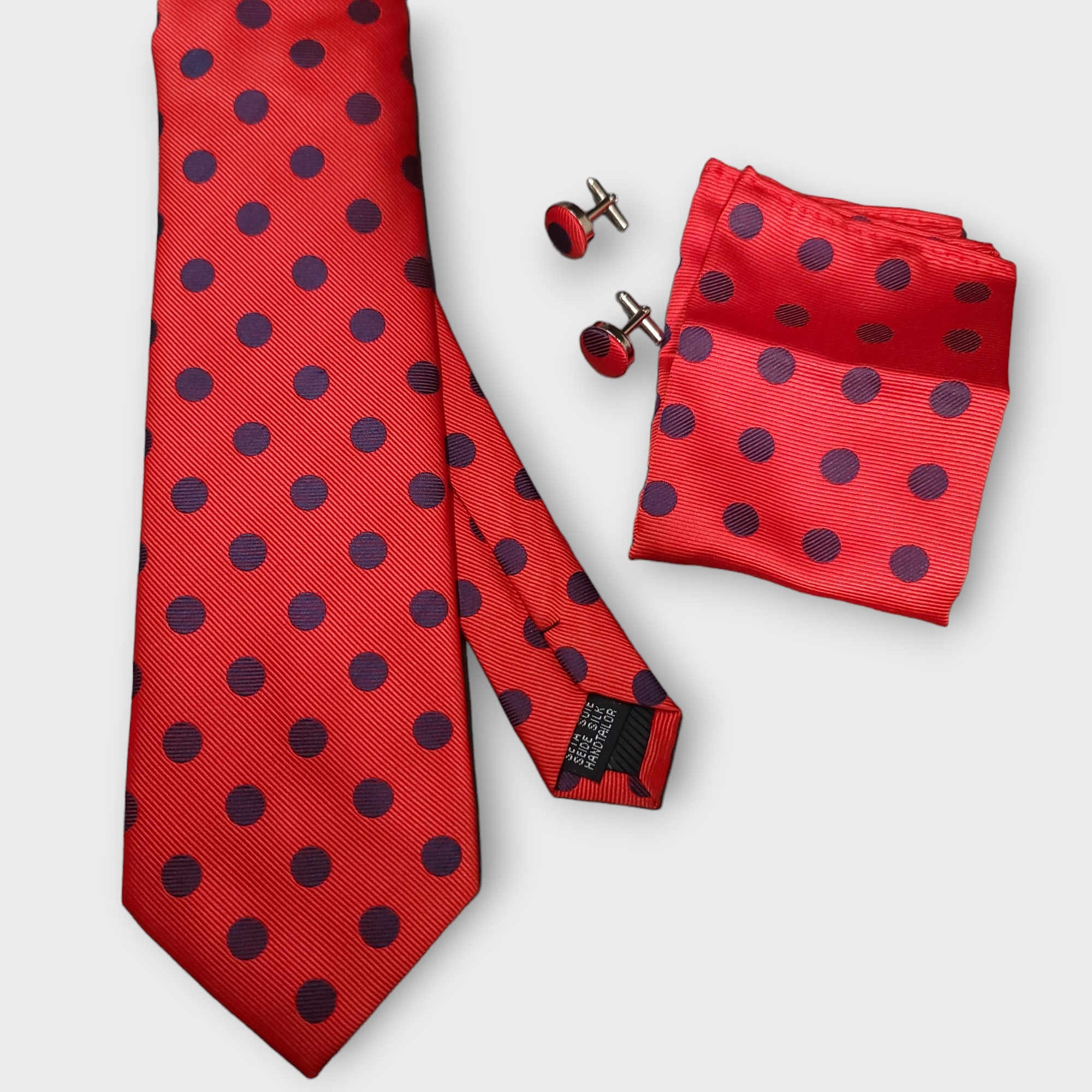 Red Polka Dot Silk Tie Pocket Square Cufflink Set