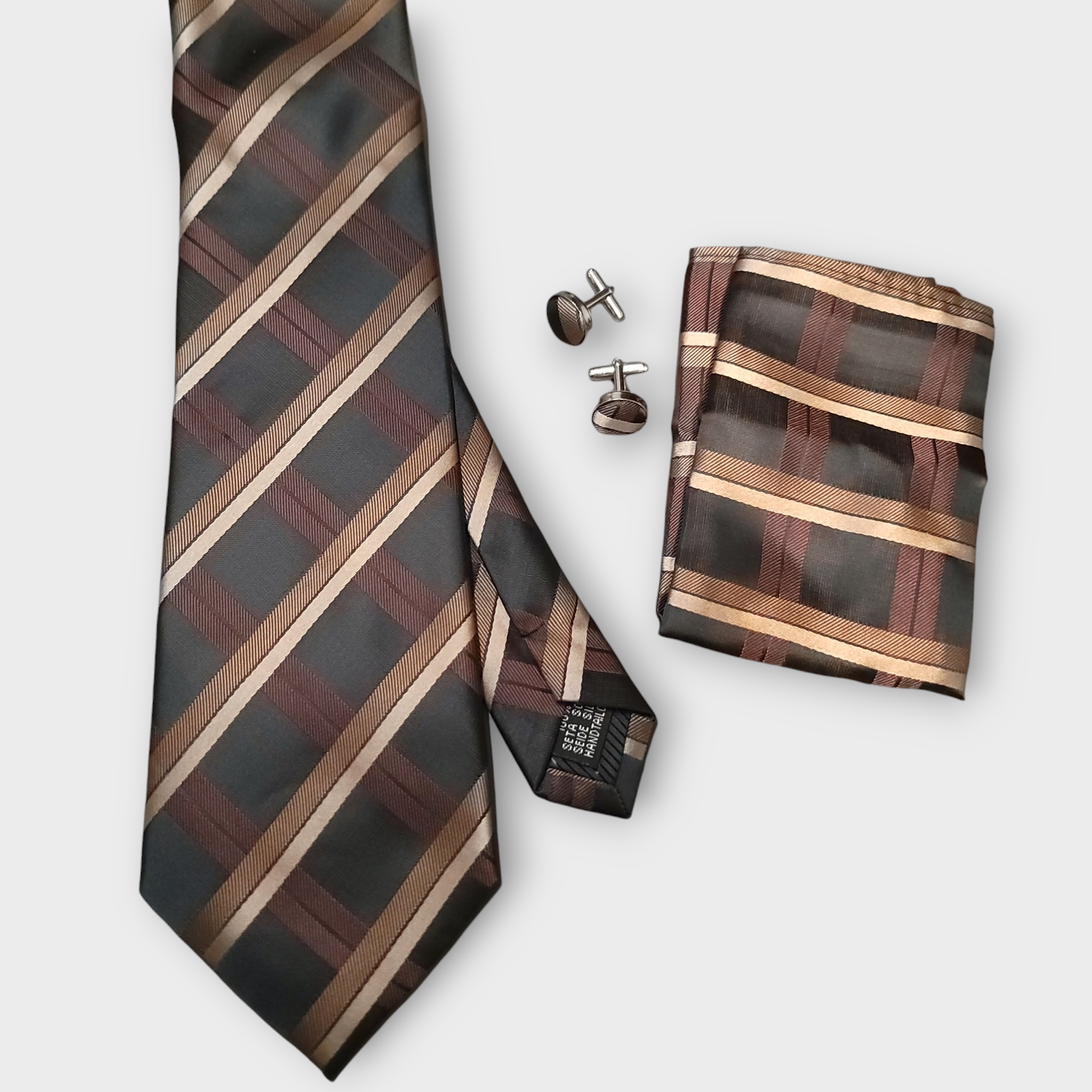 Black Brown Plaid Silk Tie Pocket Square Cufflink Set