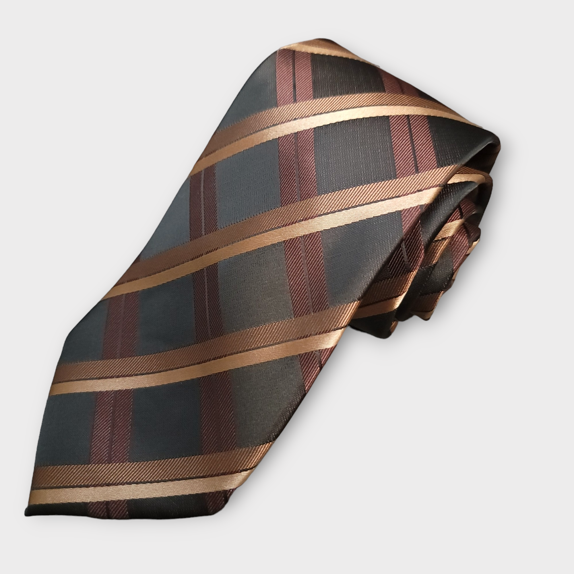 Black Brown Plaid Silk Tie Pocket Square Cufflink Set