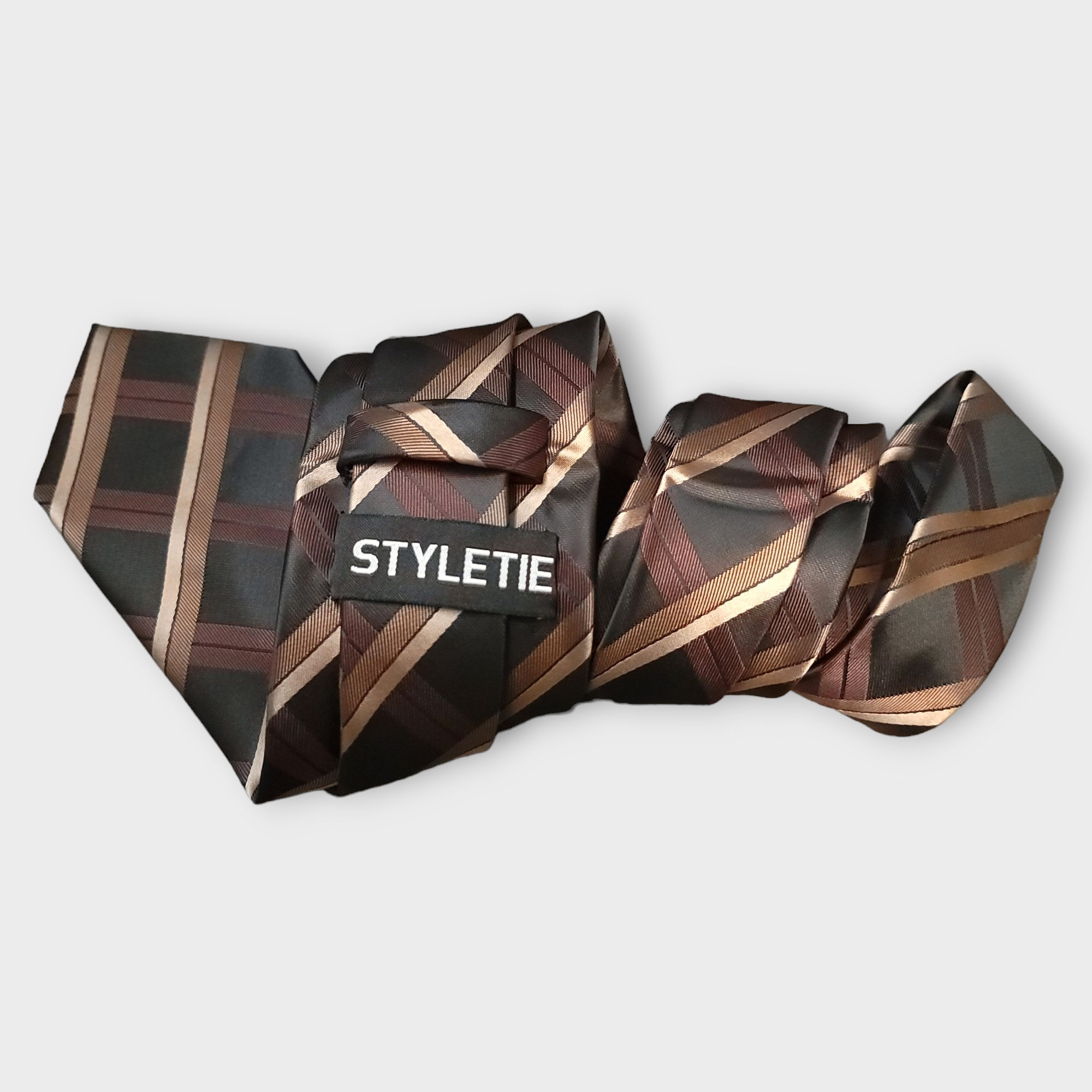 Black Brown Plaid Silk Tie Pocket Square Cufflink Set