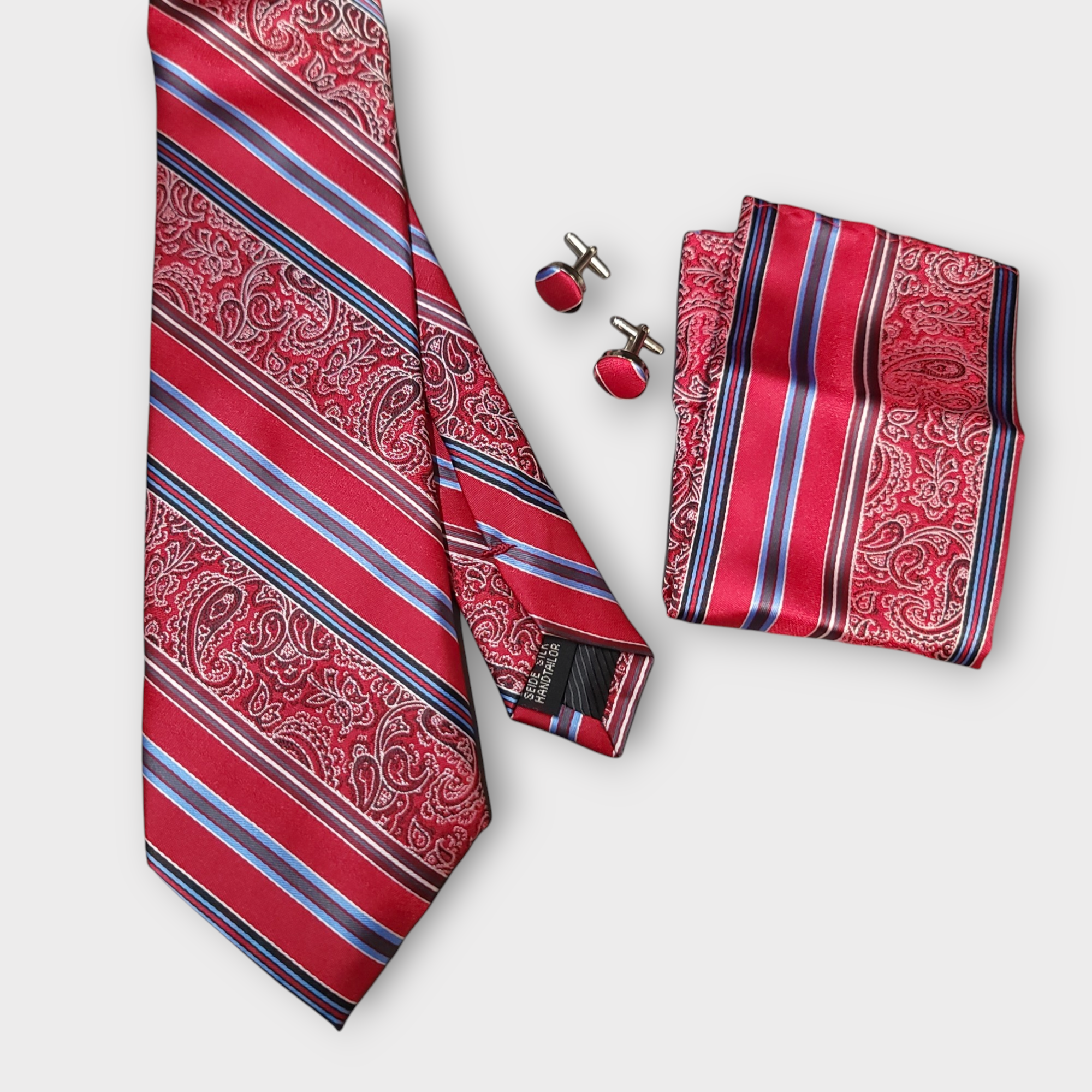 Red Blue Silk Tie Pocket Square Cufflink Set