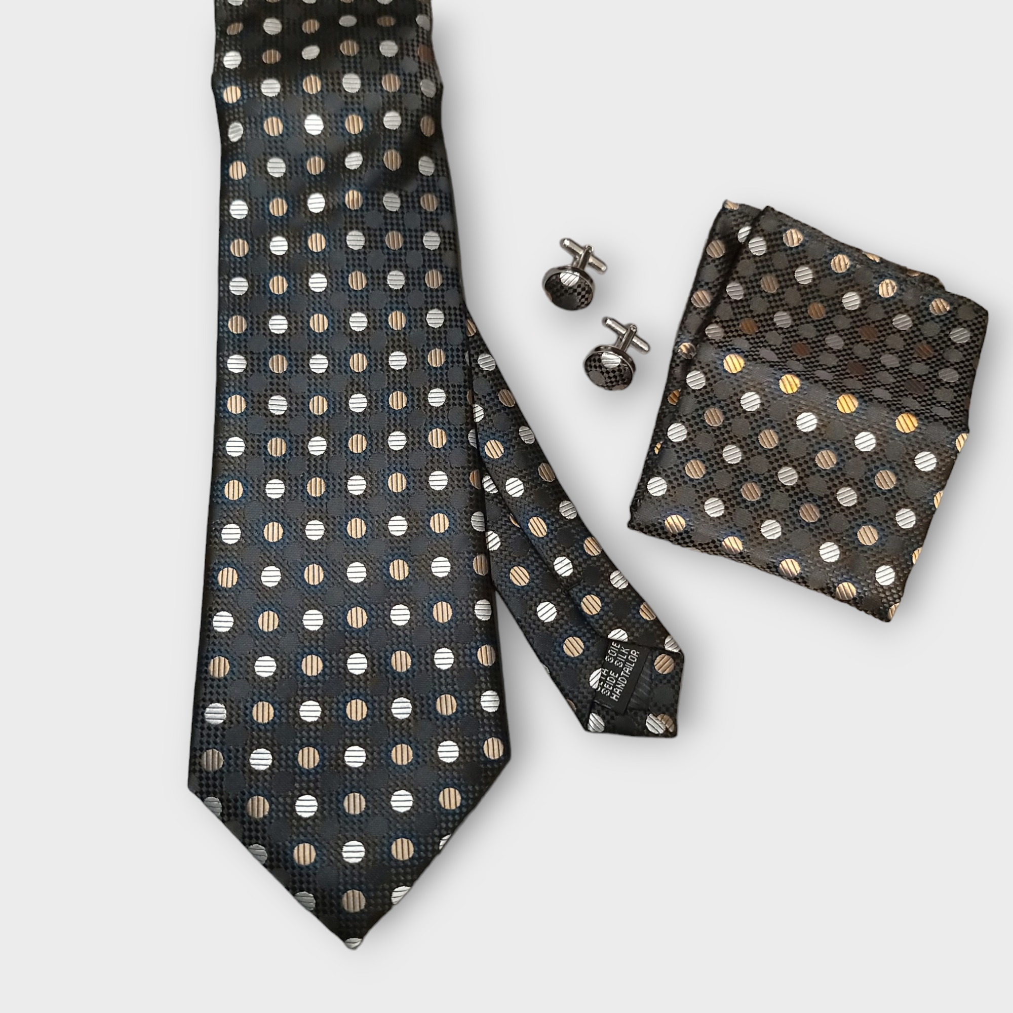Black Gold White Polka Dot Silk Tie Pocket Square Cufflink Set