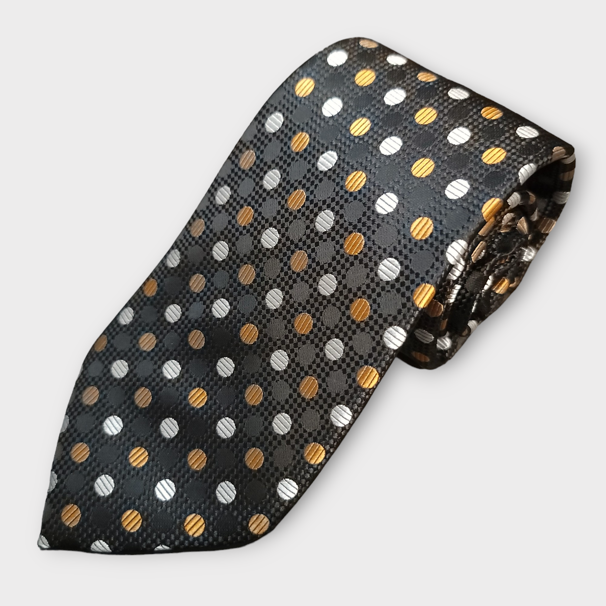 Black Gold White Polka Dot Silk Tie Pocket Square Cufflink Set
