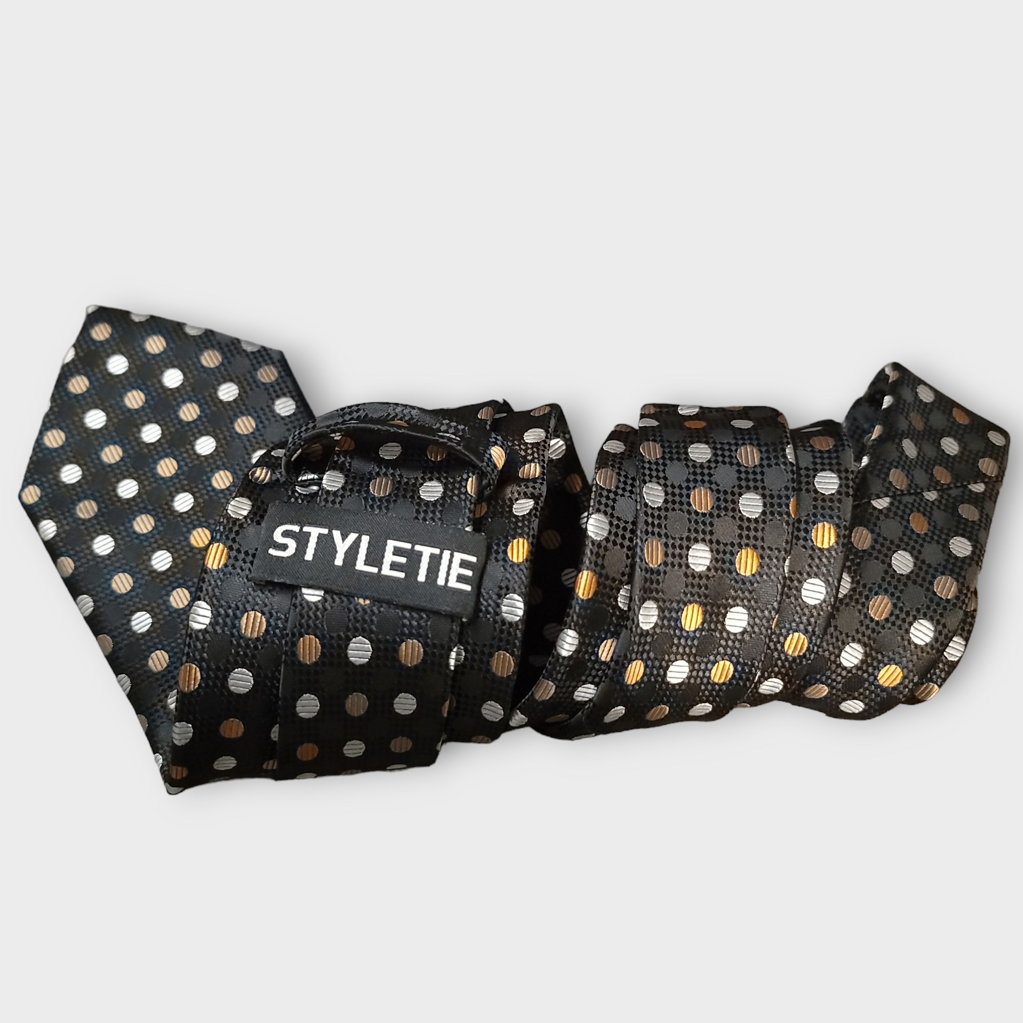 Black Gold White Polka Dot Silk Tie Pocket Square Cufflink Set