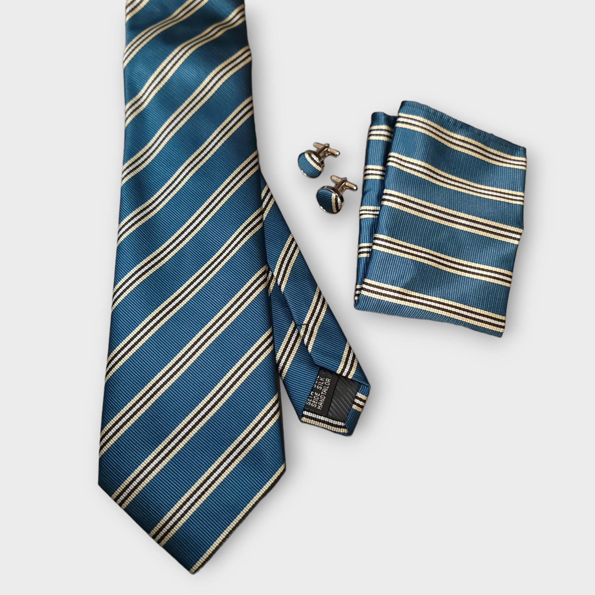 Dark Turquoise Striped Silk Tie Pocket Square Cufflink Set