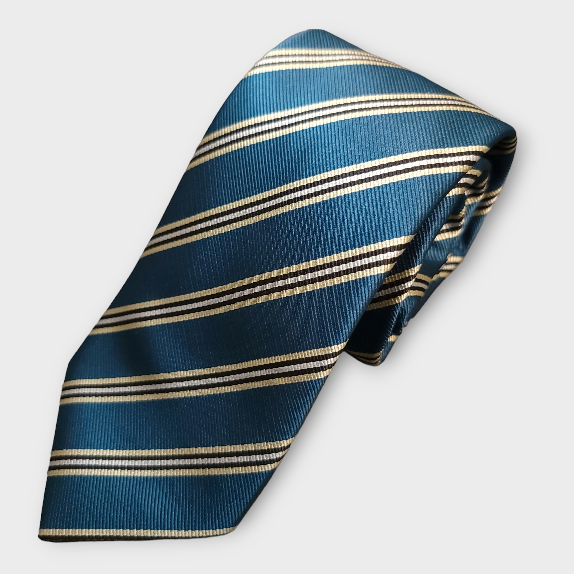 Dark Turquoise Striped Silk Tie Pocket Square Cufflink Set