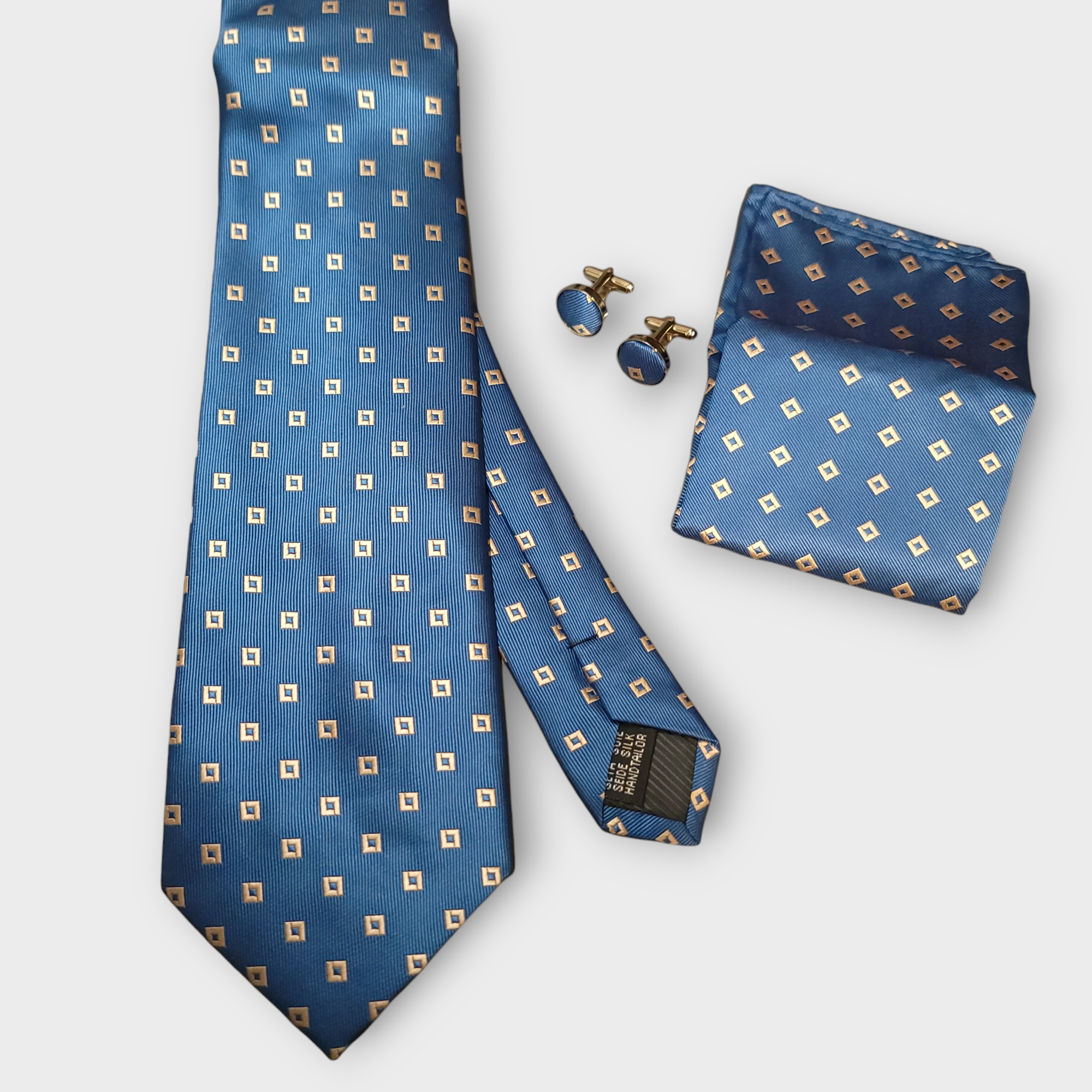 Blue Silk Tie Pocket Square Cufflink Set