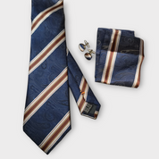 Navy Blue Striped Silk Tie Pocket Square Cufflinks Set