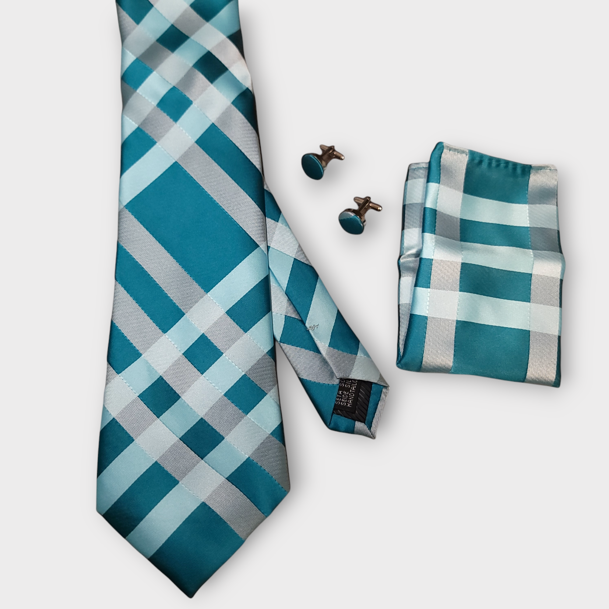 Cyan Blue White Plaid Silk Tie Pocket Square Cufflink Set