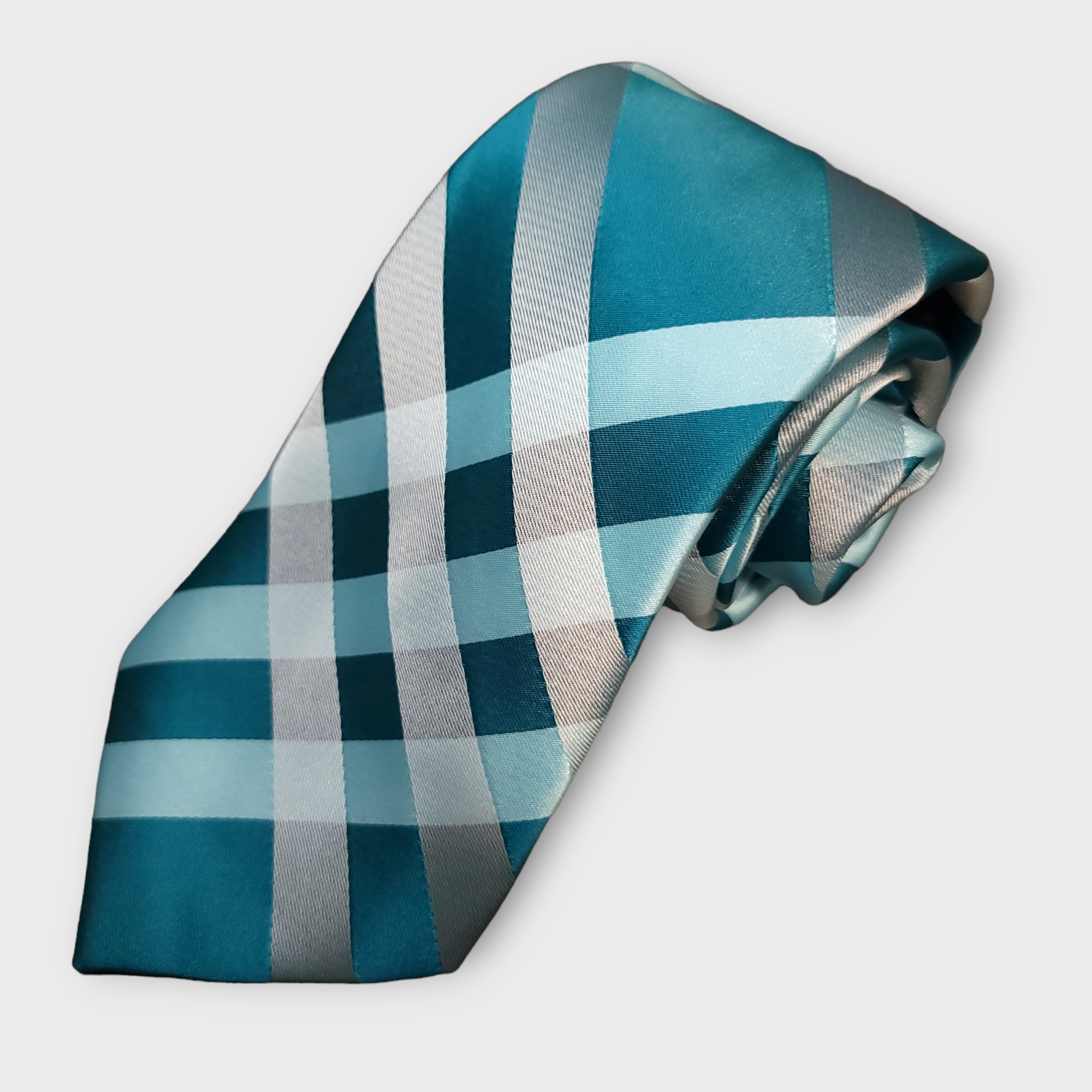 Cyan Blue White Plaid Silk Tie Pocket Square Cufflink Set