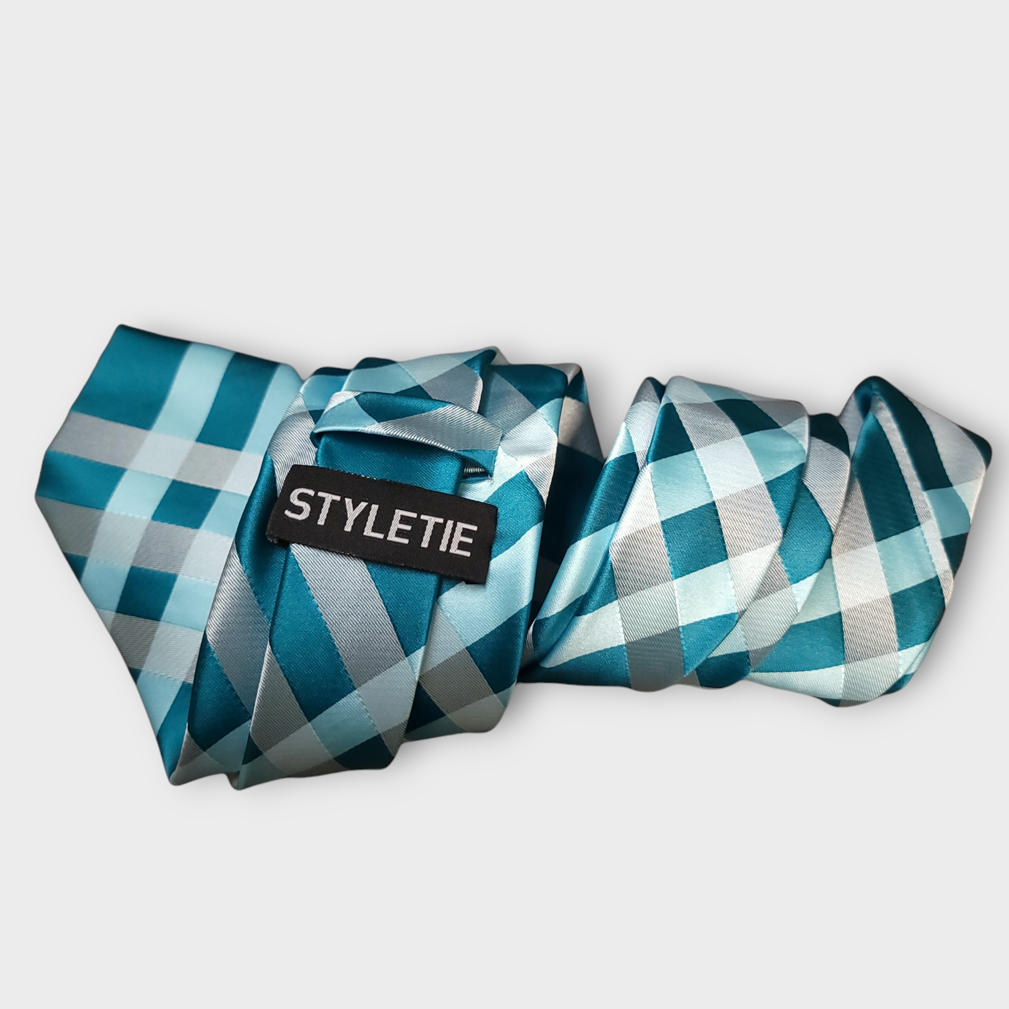 Cyan Blue White Plaid Silk Tie Pocket Square Cufflink Set