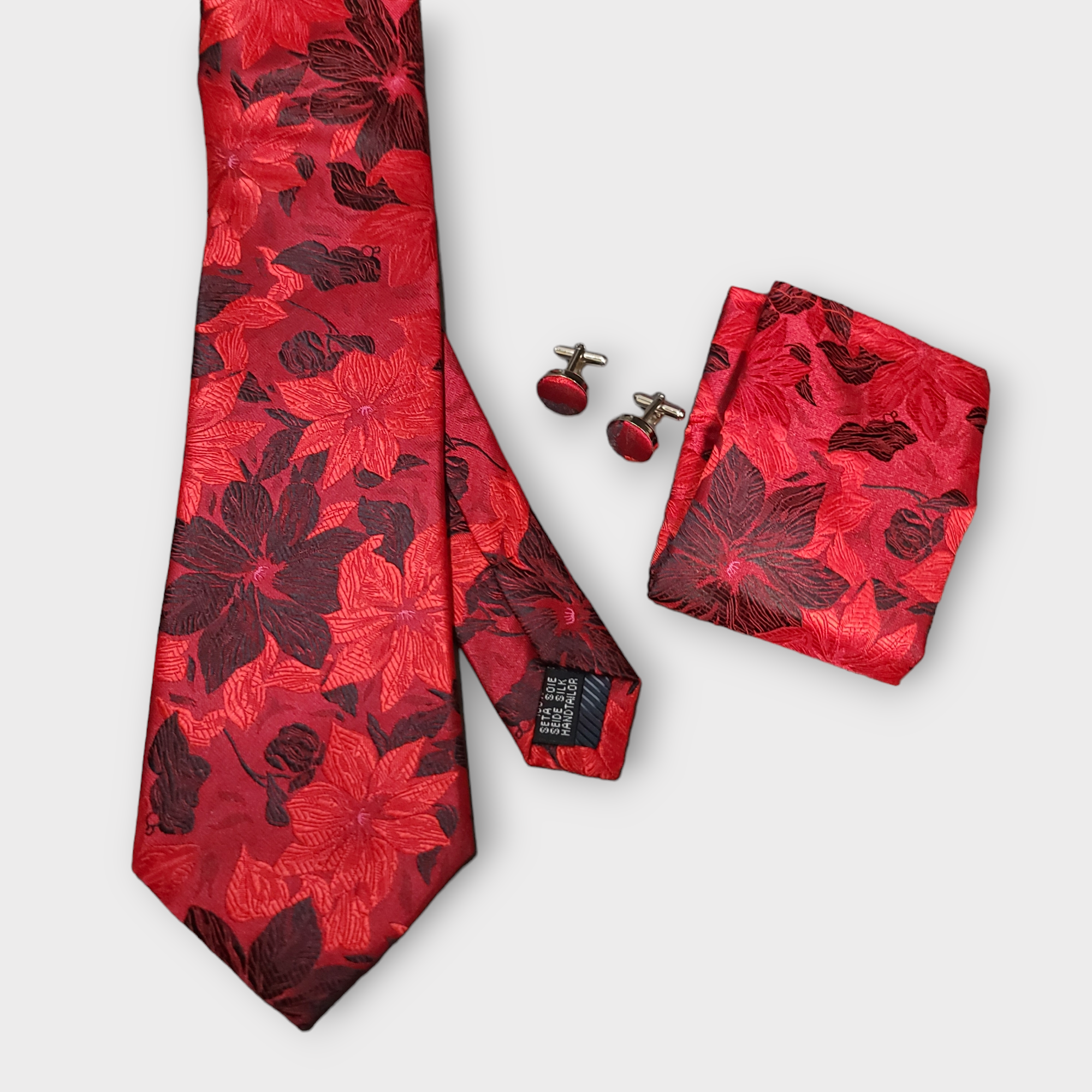 Bright Red Floral Silk Tie Pocket Square Cufflink Set