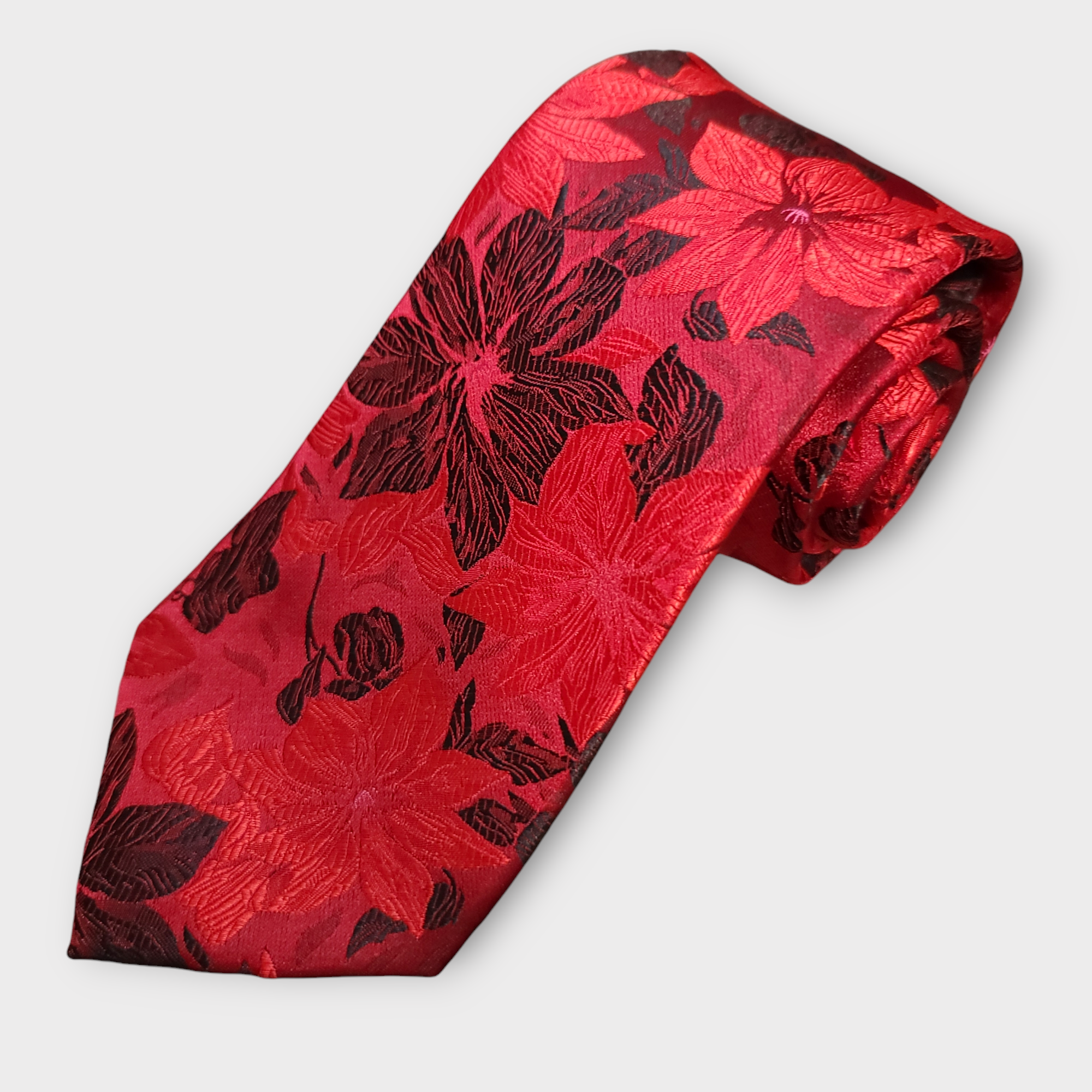 Bright Red Floral Silk Tie Pocket Square Cufflink Set