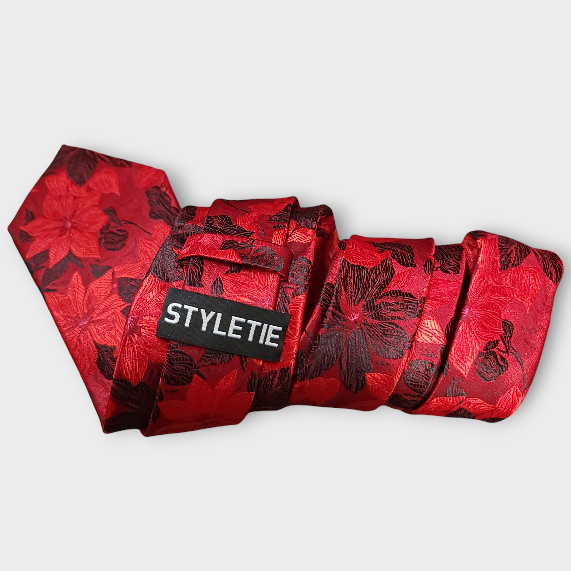 Bright Red Floral Silk Tie Pocket Square Cufflink Set