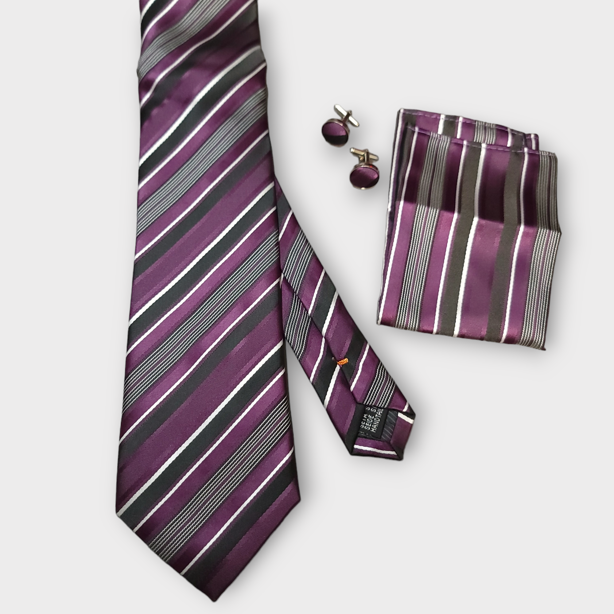 Purple Black Striped Silk Tie Pocket Square Cufflink Set