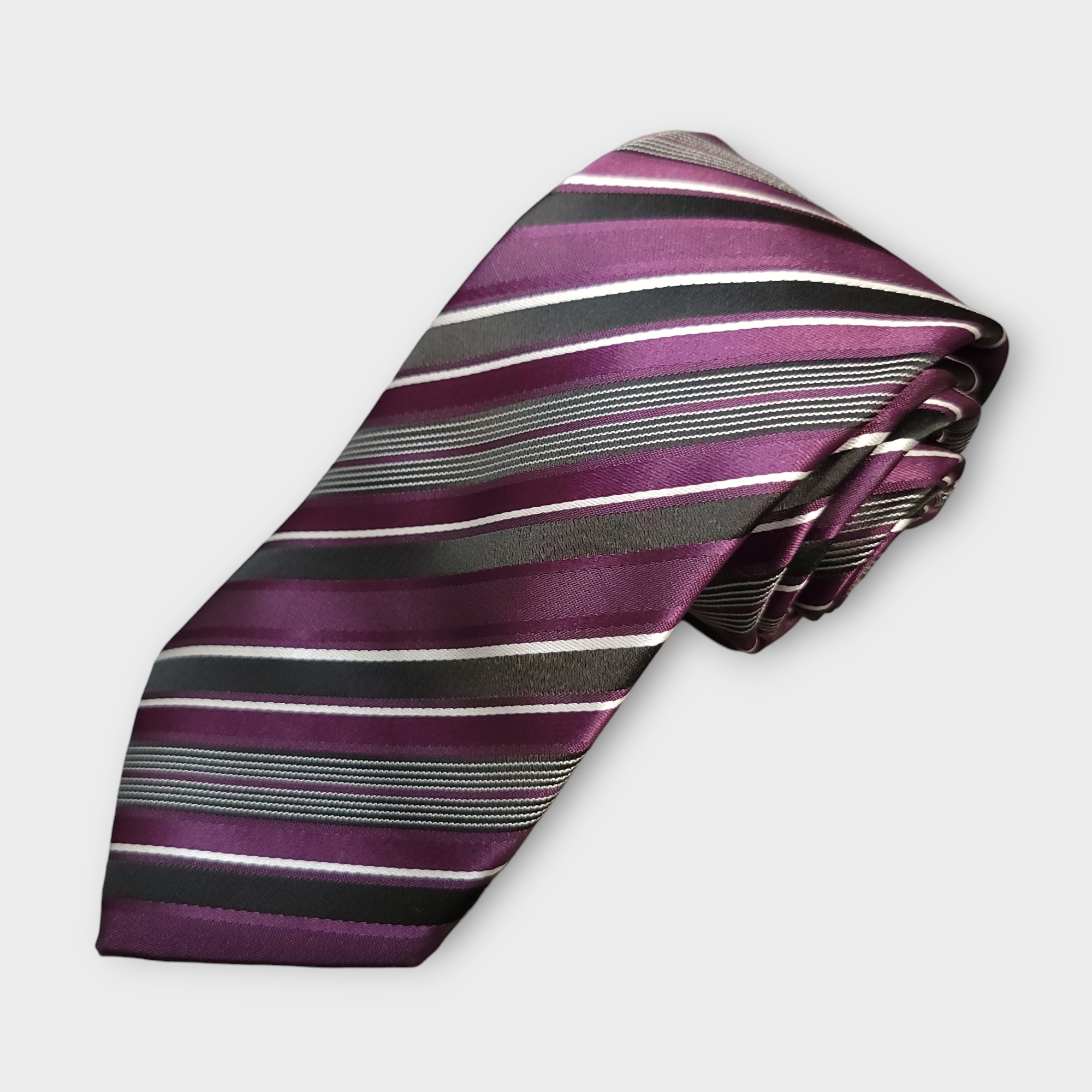 Purple Black Striped Silk Tie Pocket Square Cufflink Set