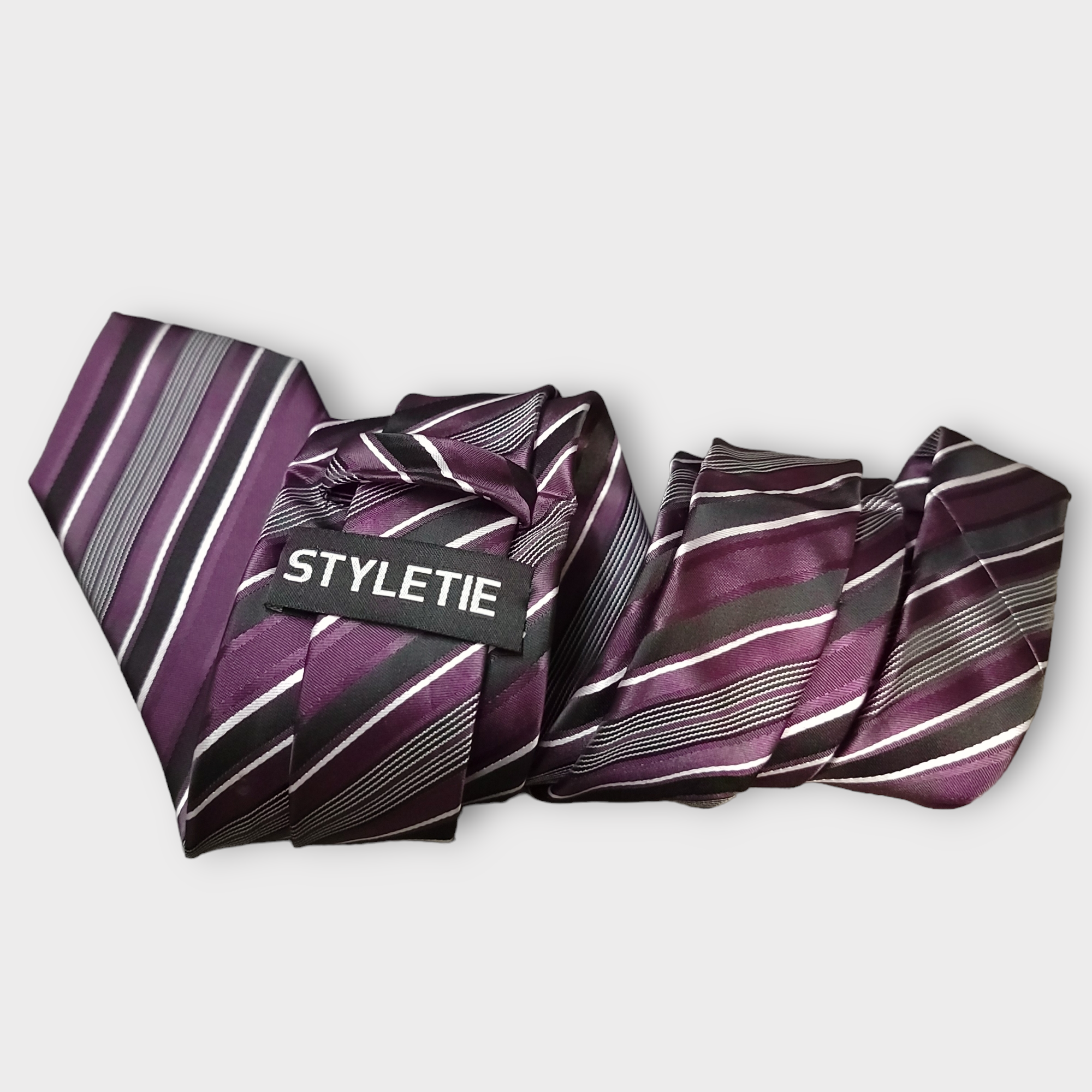 Purple Black Striped Silk Tie Pocket Square Cufflink Set