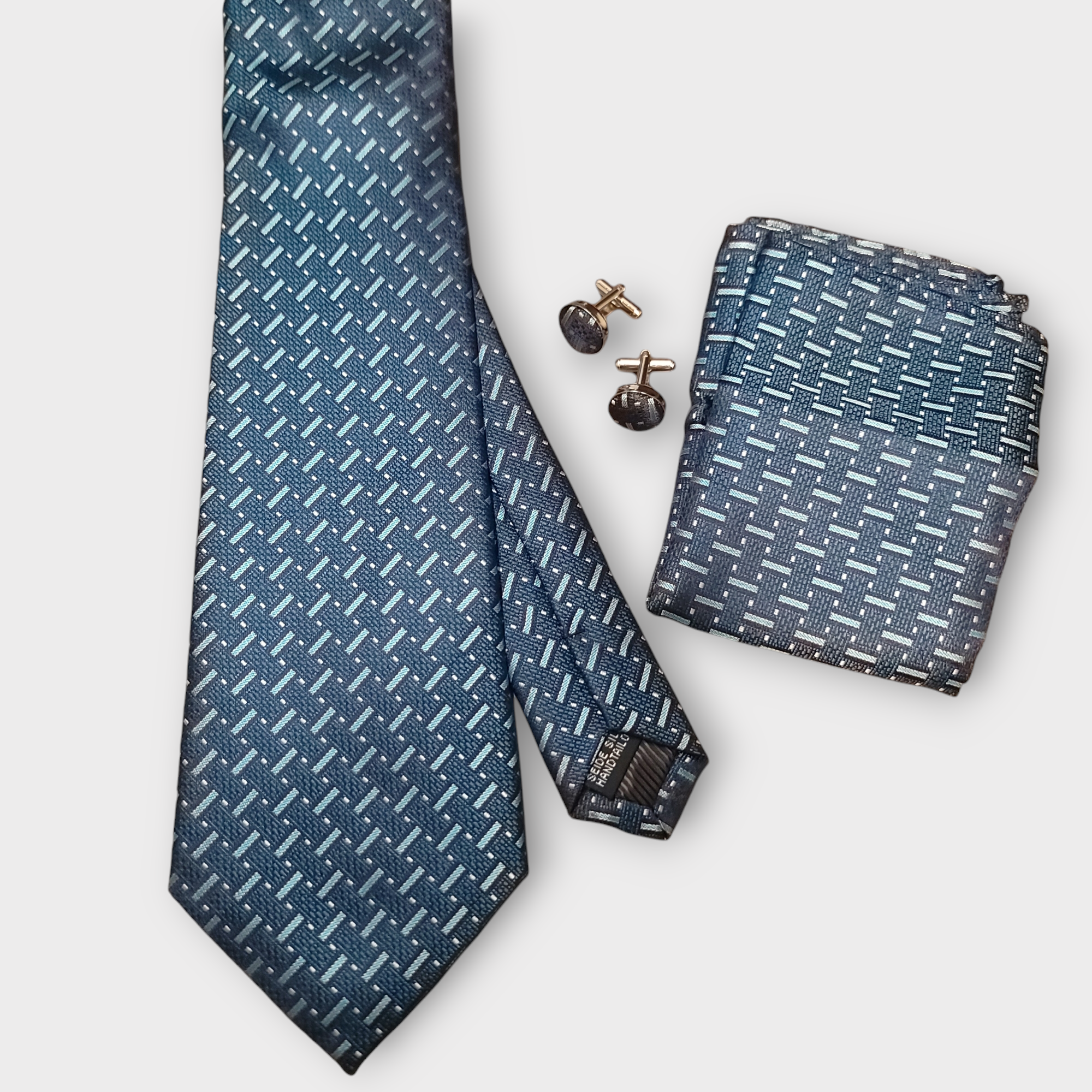 Navy Blue Stripe Silk Tie Pocket Square Cufflink Set