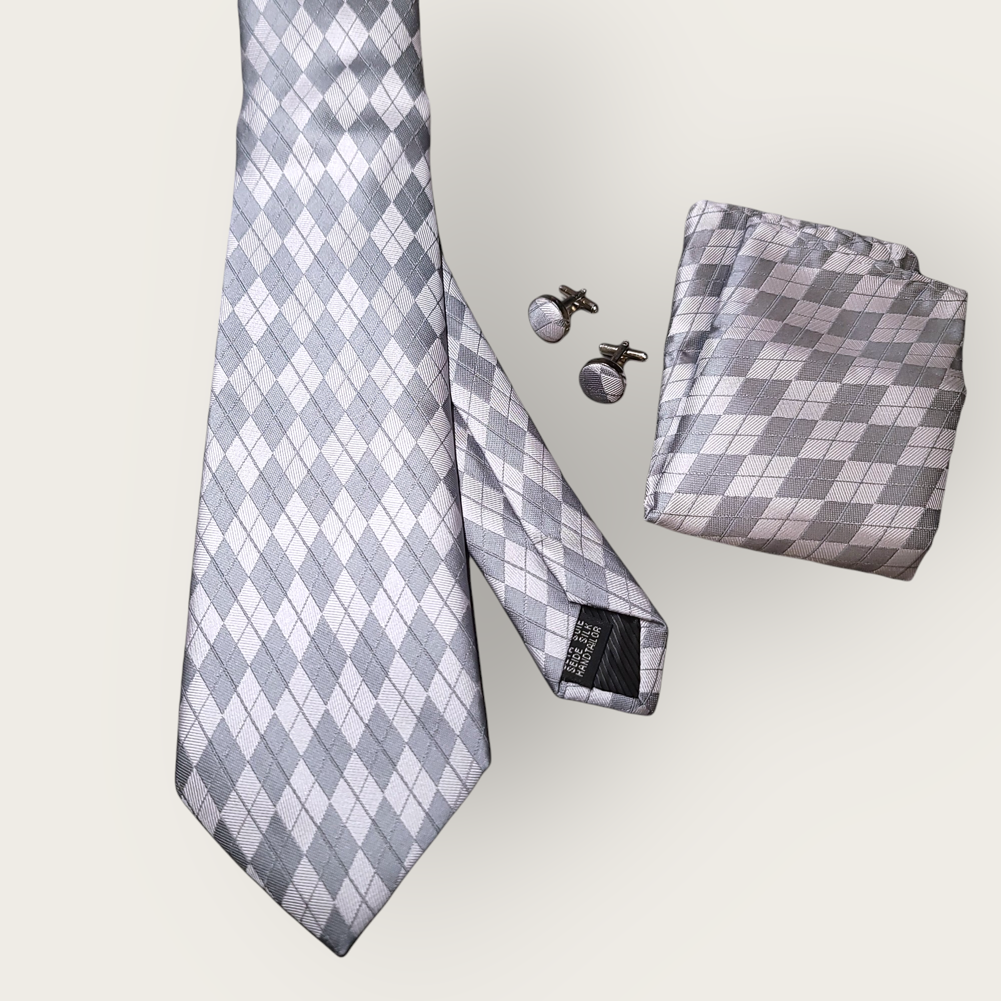 Gray Geometric Silk Tie Pocket Square Cufflink Set