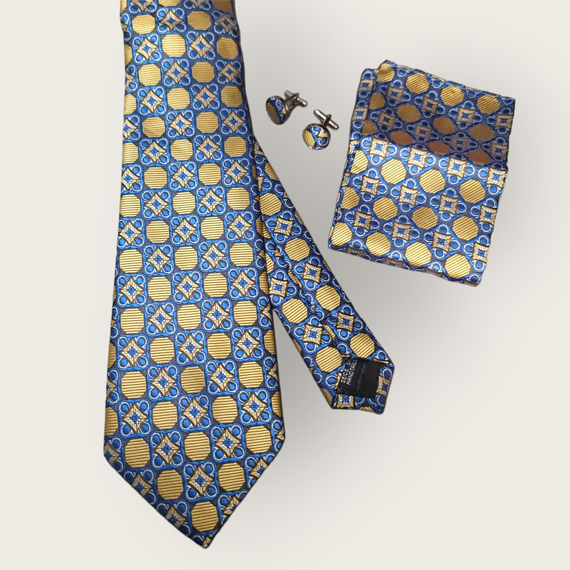 Gold Luxury Dot Silk Tie Pocket Square Cufflink Set