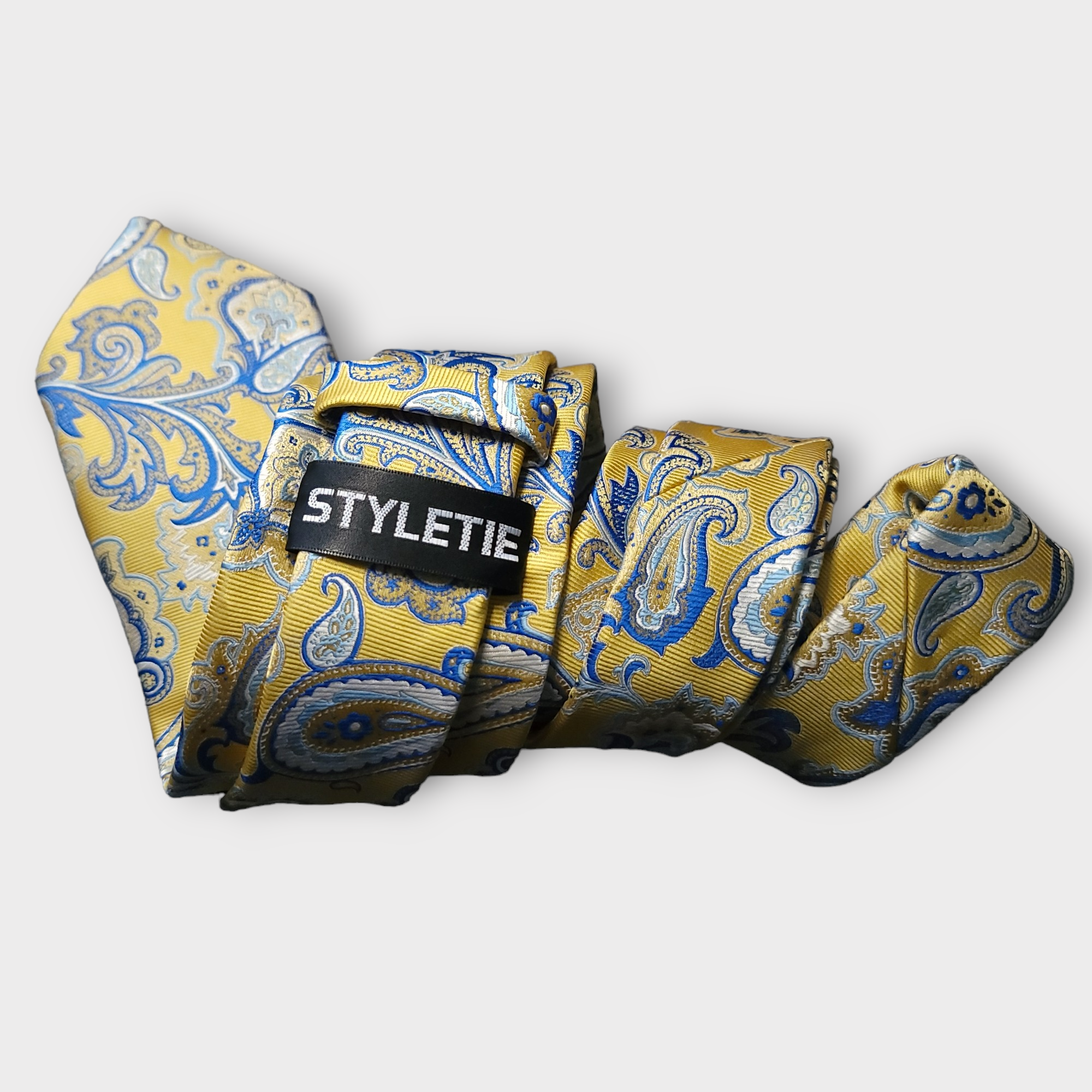 Yellow Blue Paisley Silk Tie Pocket Square Cufflinks Set