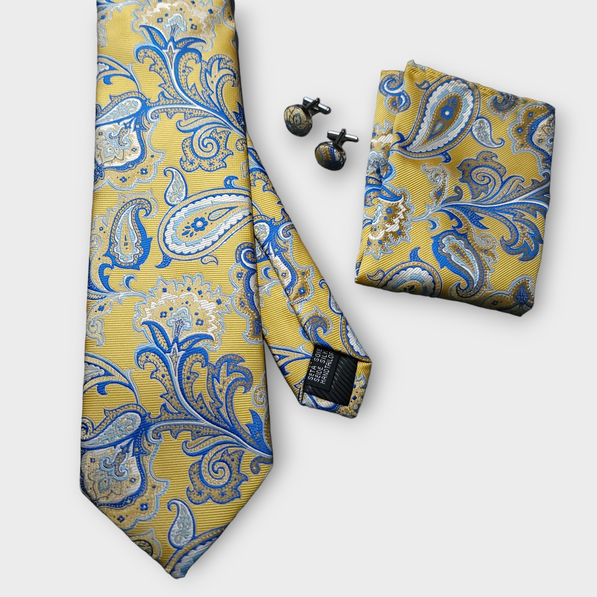 Yellow Blue Paisley Silk Tie Pocket Square Cufflinks Set