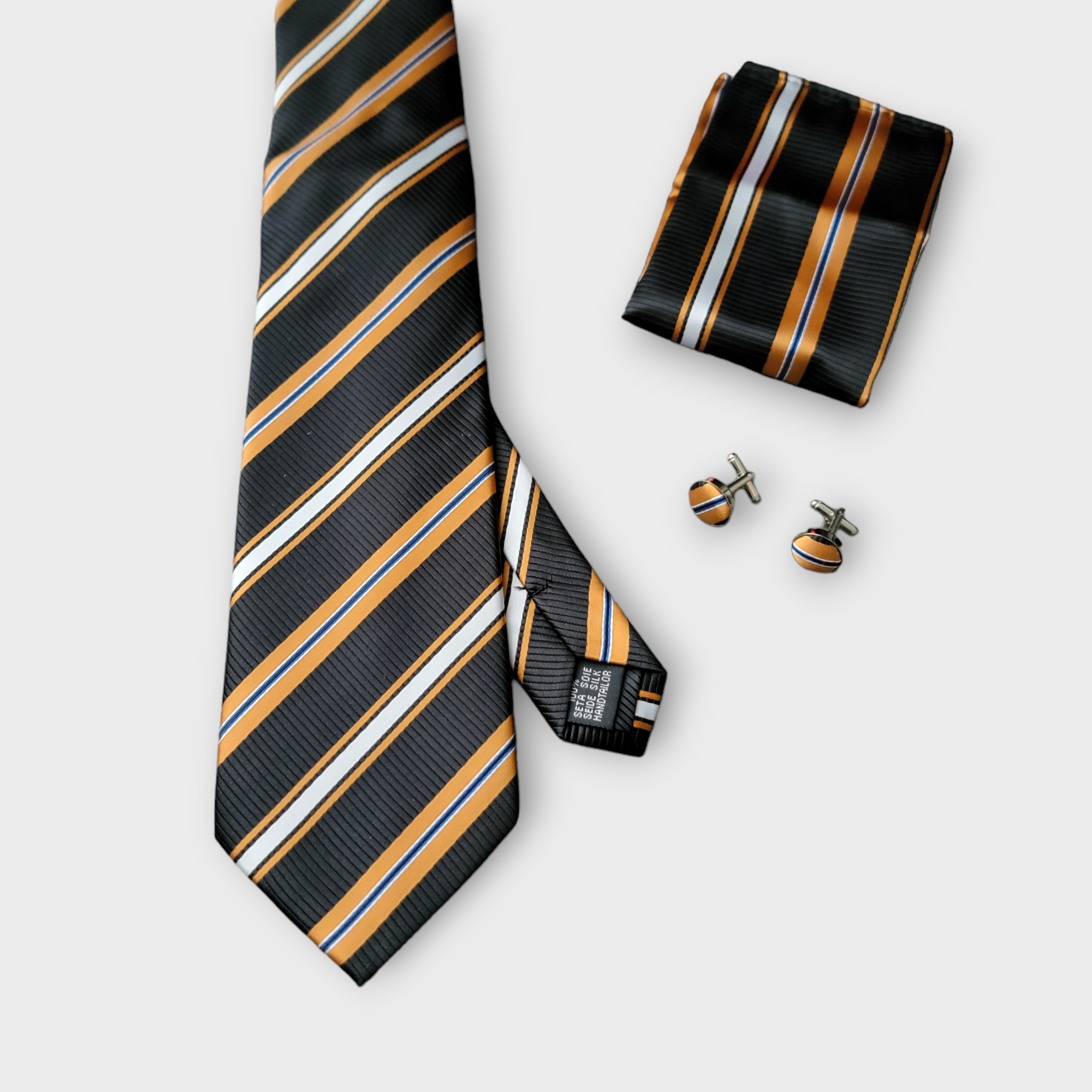 Black Marigold White Striped Silk Tie Pocket Square Cufflink Set