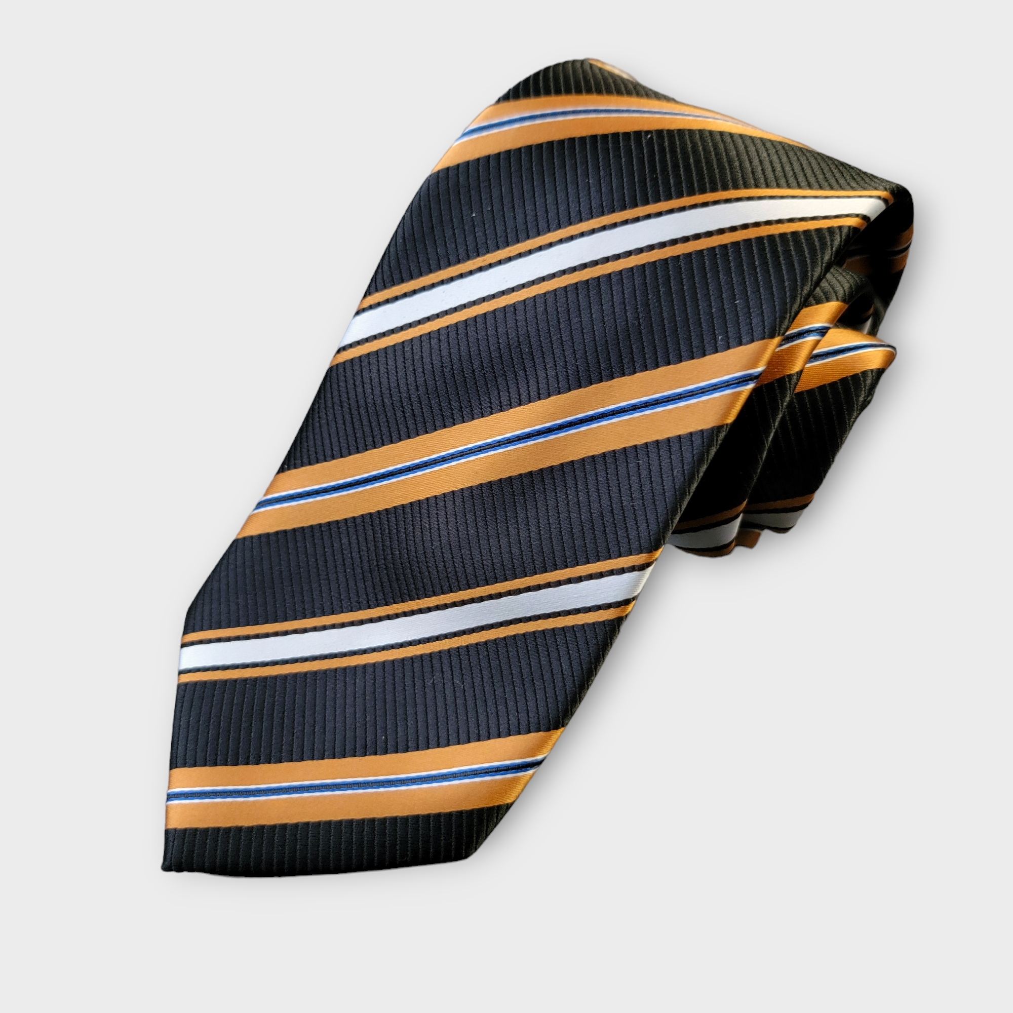 Black Marigold White Striped Silk Tie Pocket Square Cufflink Set