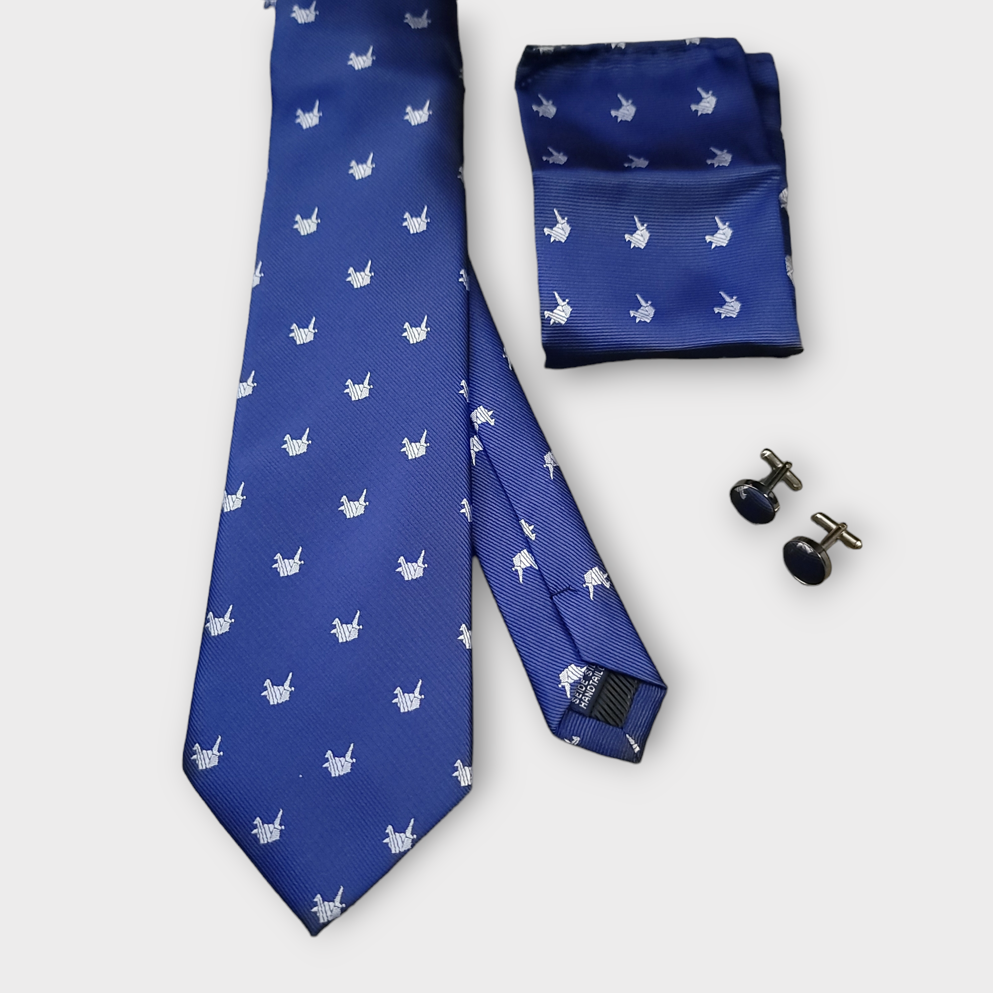 Blue White Crane Bird Silk Tie Pocket Square Cufflink Set